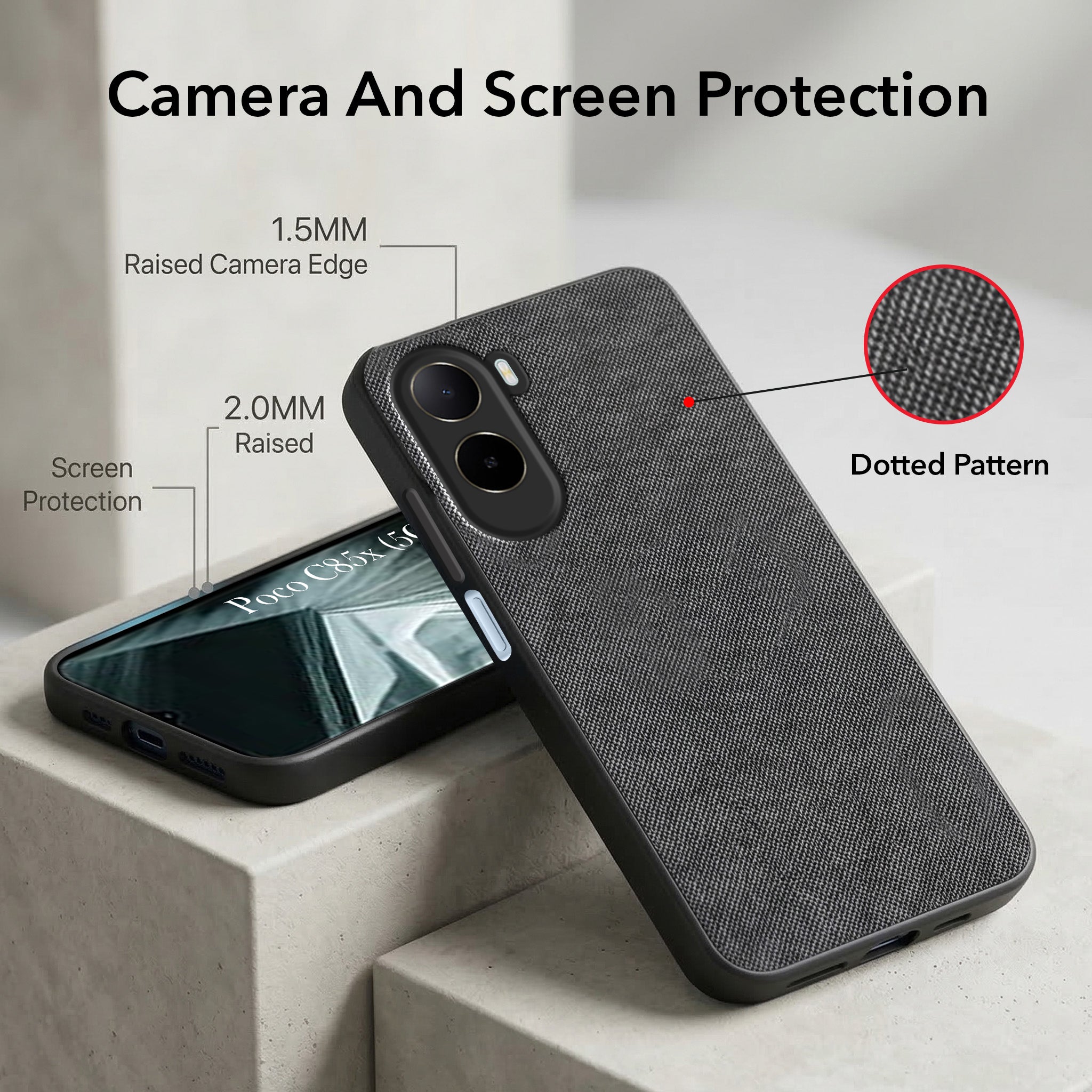 For Poco C85x 5G Combo (Textured Grip Design | Micro-Fiber Cloth Inside | Oleophobic Coating Screen Glass)