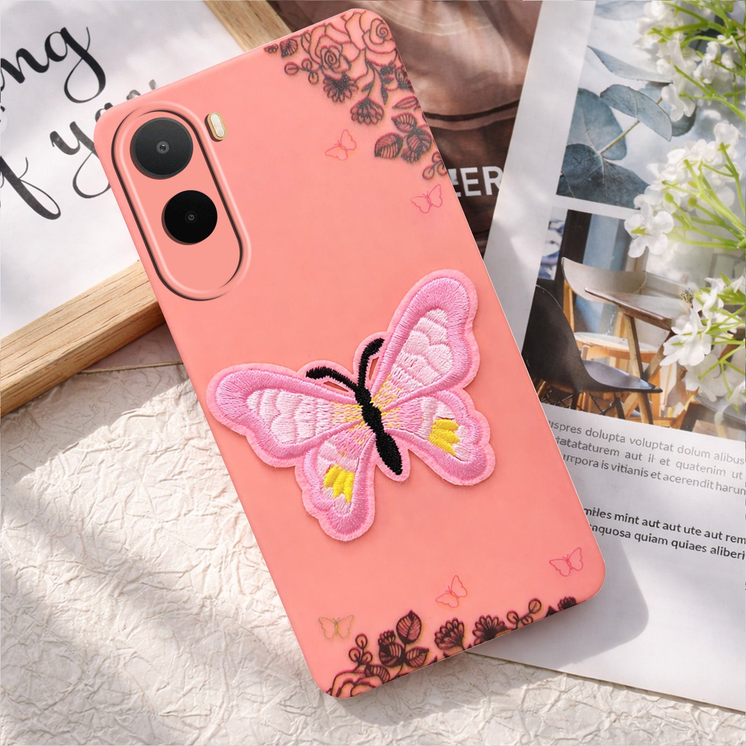 For Redmi A7 Pro 5G Back Cover Case (Soft Butterfly Embroidery | Women Teen Girls | Camera Protection| Matte Silicone)
