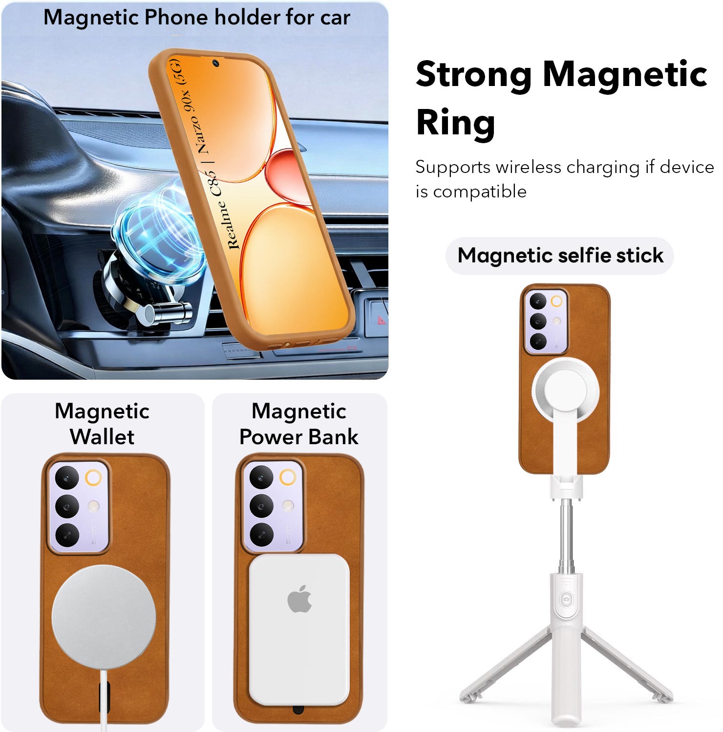 For Realme C85 5G | Realme Narzo 90x Back Cover Case Leather Finish (MagSafe Compatible Wireless Charging | Soft Touch | Camera Bump Protection)