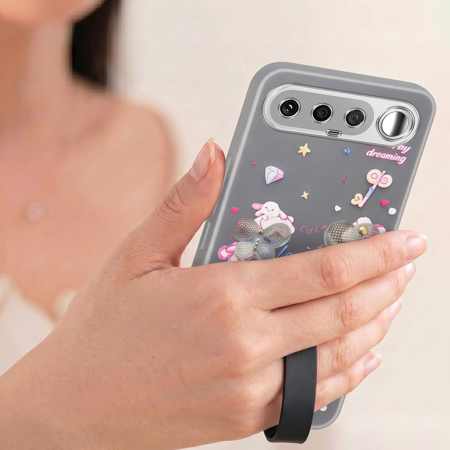 For Realme 16 Back Cover Case (3D Cute Heart Strap Holder | Camera Protection | Designer Girls Print)