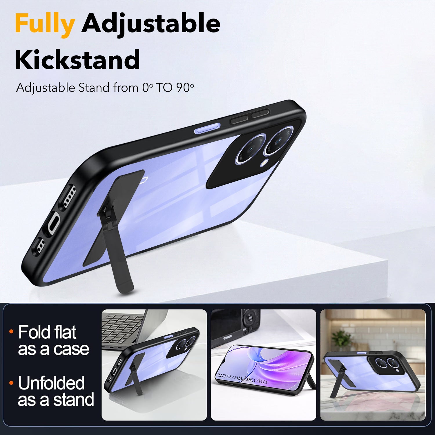 For Vivo Y28s 5G | Vivo T3 Lite 5G Back Cover Case (Built-in Stand | Lifetime Anti Yellow | Kickstand Shockproof | Camera Protection | MagSafe Compatible)