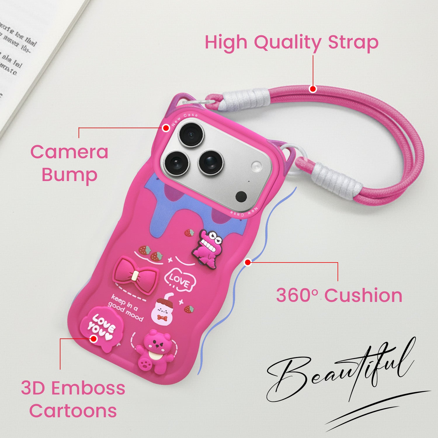 For Apple iPhone 17 Pro Back Case Cover Strap(3D Embossed Figures | Strap Holder | 360* Soft Cushion with Camera Bump)