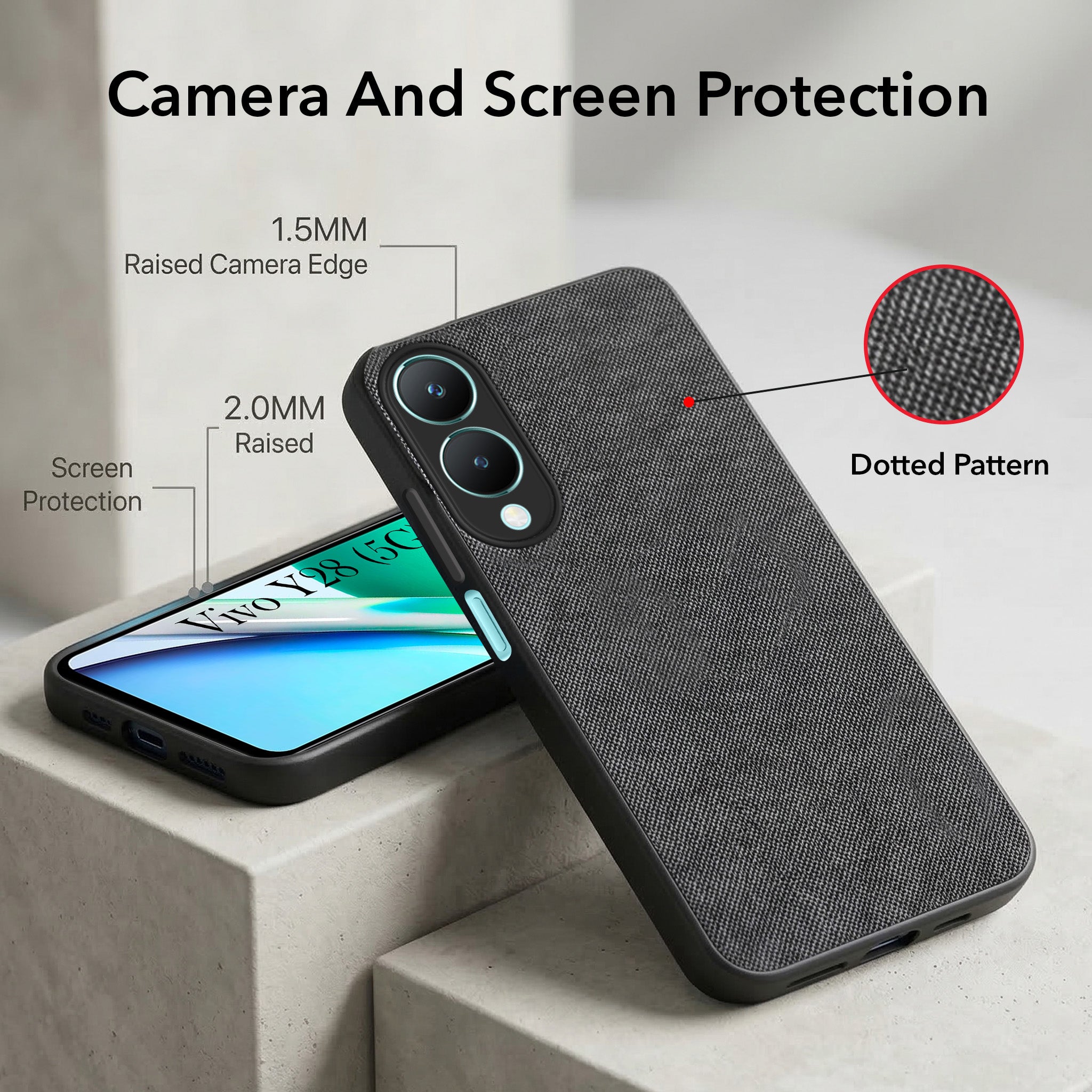 For Vivo Y28 5G Combo with Back Cover and 9H Tempered Glass (Textured Grip Design | Micro-Fiber Cloth Inside | Oleophobic Coating Screen Glass)