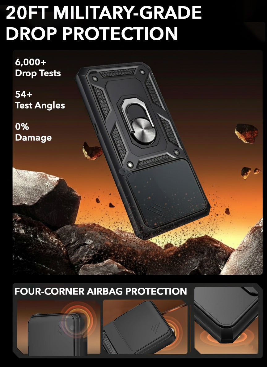 For iPhone 17 Pro | iPhone 18 Pro Back Cover Case Hybrid Armor (Sliding Shutter Camera Protection | Polycarbonate |Ring Holder Kickstand)