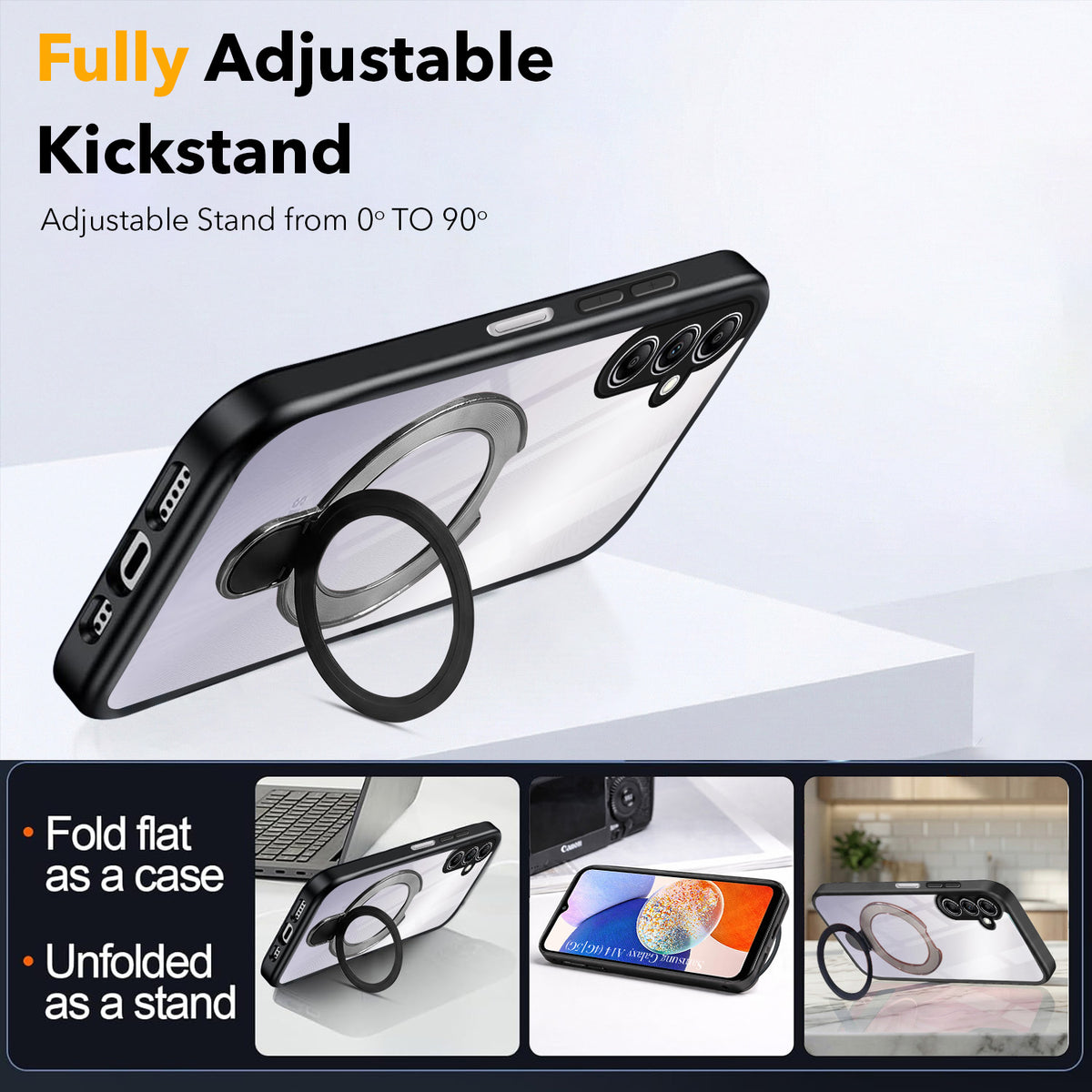 For Samsung Galaxy A14 4G | 5G Back Cover Case (Kick Stand Ring Holder | Life time Anti Yellow | Camera Protection)