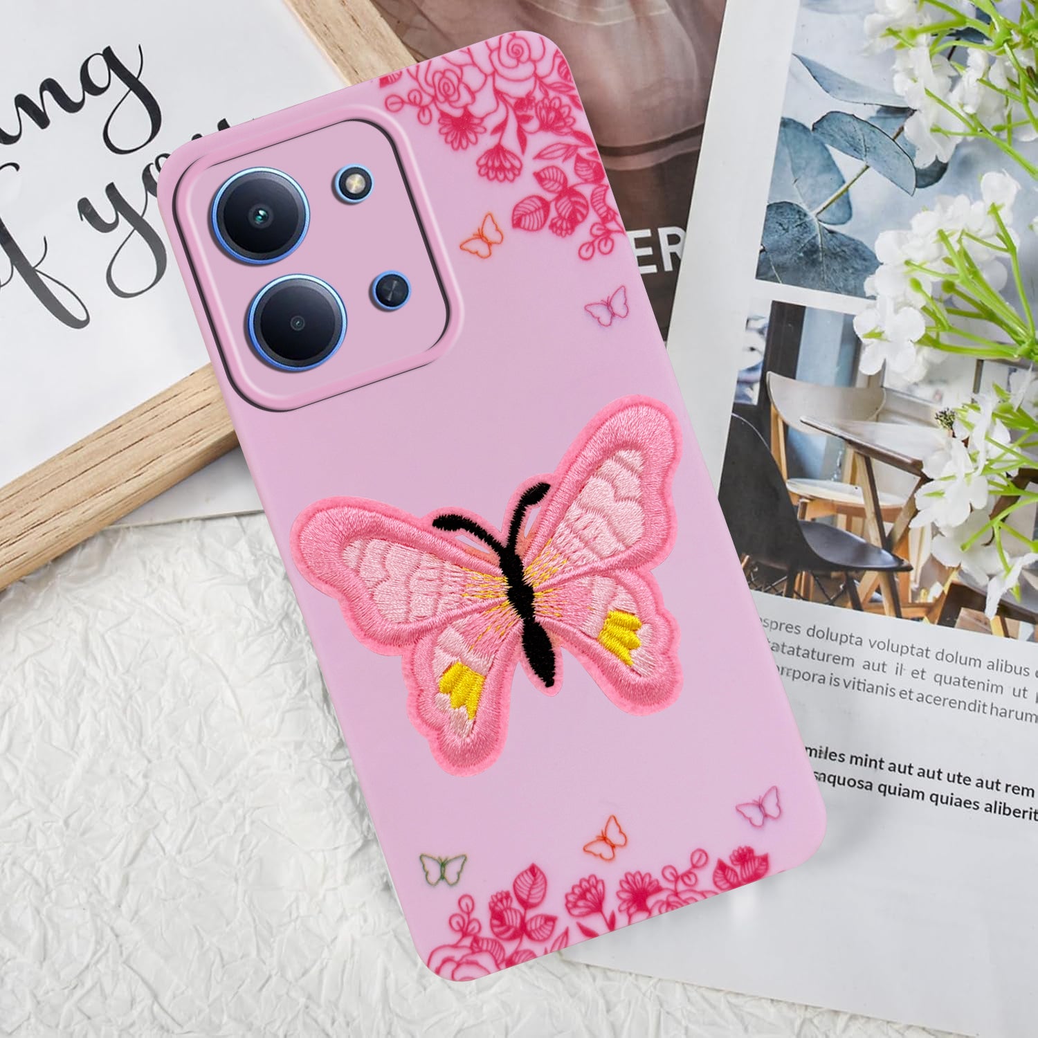 For Redmi 15C Back Cover Case (Soft ButterFly Embroidery | Women Teen Girls | Camera Protection| Matte Silicone)