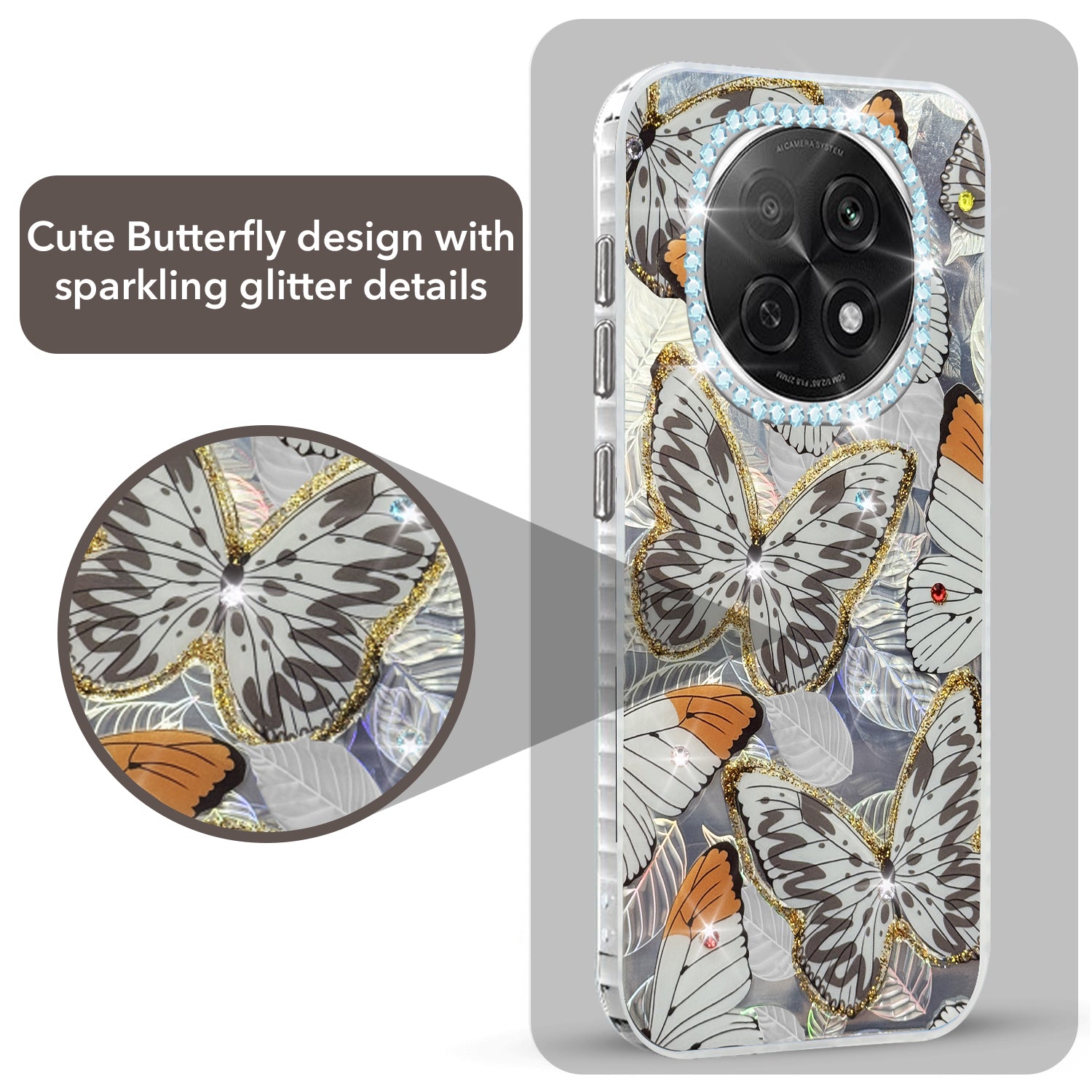 For Oppo F29 Pro Back Cover Case  (Luxury Floral Glitter Cute Butterfly | Diamond Studded Camera Bump | Girls & Women Design)