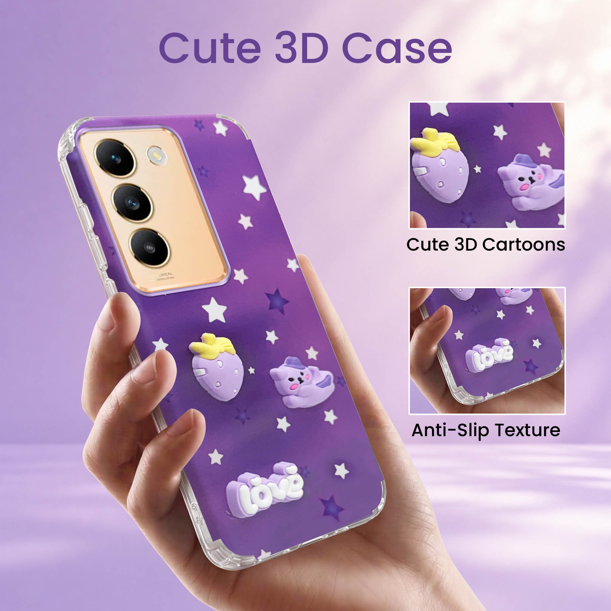 For Vivo Y200e Back Cover Case (3D Cute Cartoons | Hard Back Side Soft | Matte Premium Finish | HD Printing)