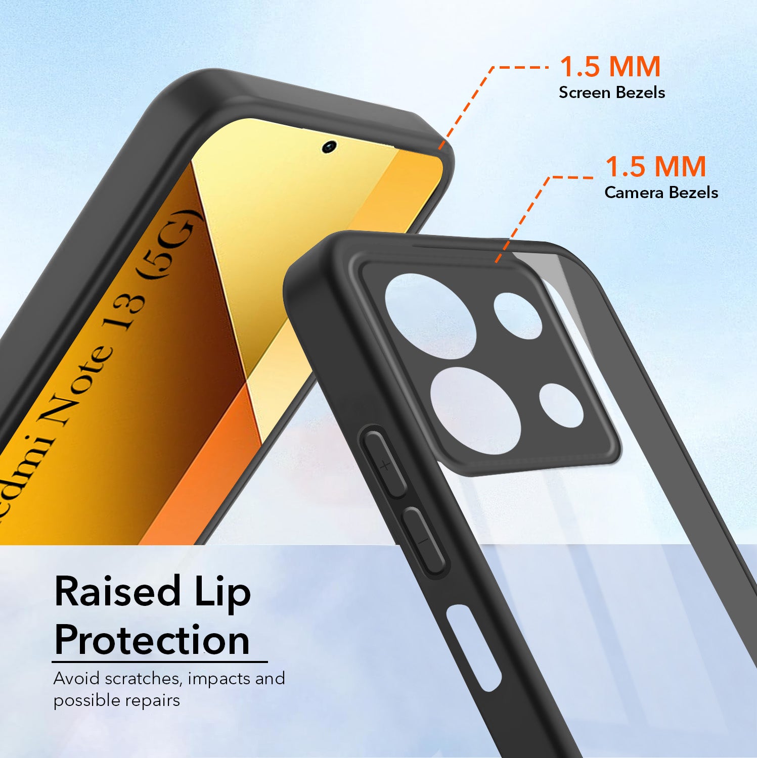 For Xiaomi Redmi Note 13 5G Combo with Back Cover and 9H Tempered Glass (Lifetime Anti-Yellow | Crystal Clear Shockproof | Oleophobic Coating Screen Glass)