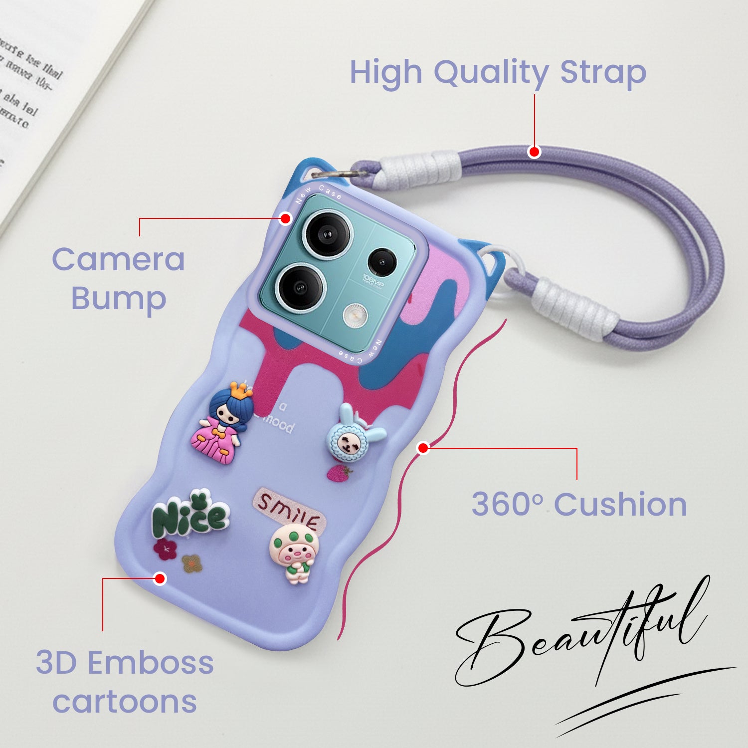 For Xiaomi Redmi Note 13 5G Back Case Cover Strap (3D embossed Figures | Strap Holder | 360* Soft Cushion with Camera Bump)