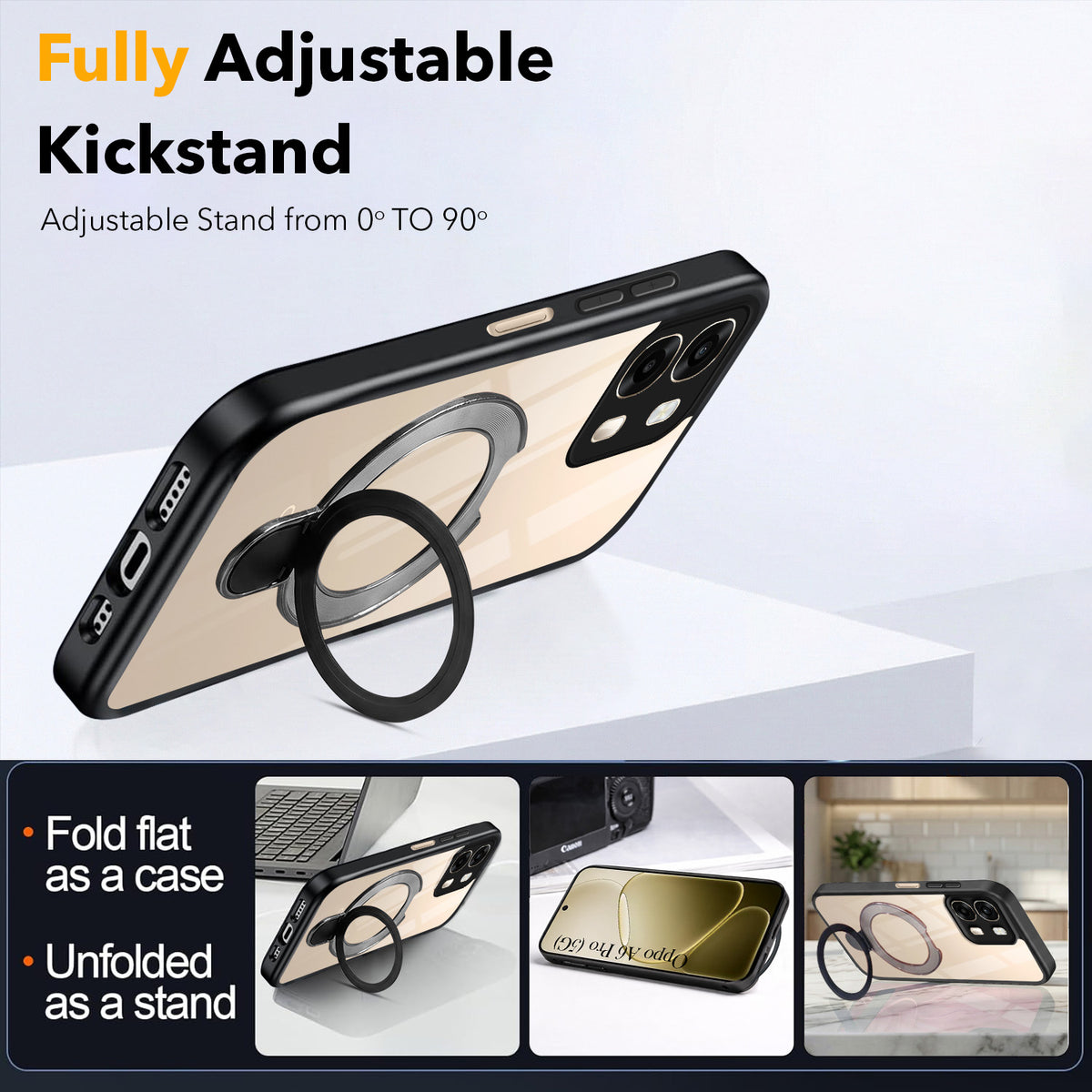 For Oppo A6 Pro Back Cover Case (Kick Stand Ring Holder | Life time Anti Yellow | Camera Protection)