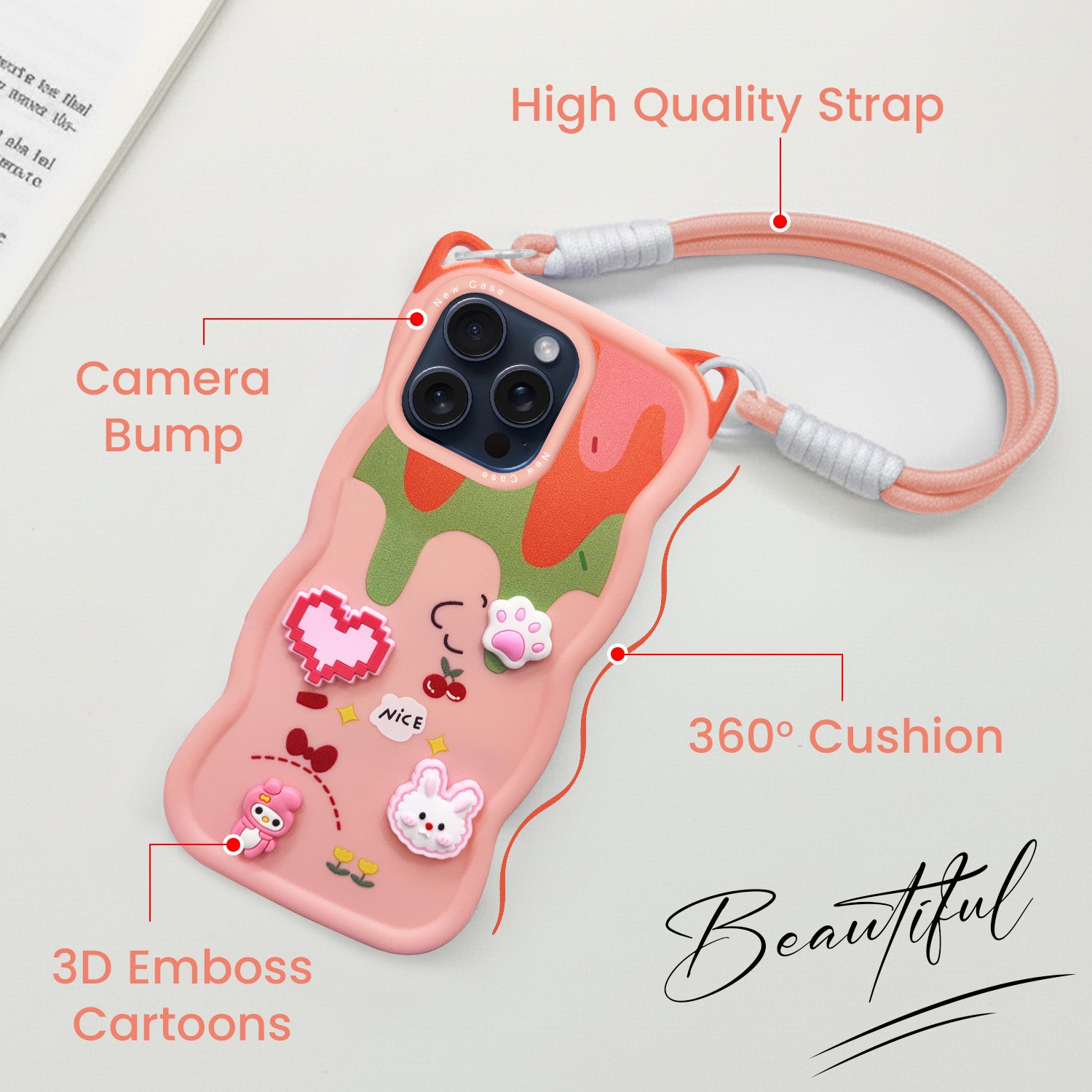 For Apple iPhone 15 Pro Back Case Cover Strap(3D Embossed Figures | Strap Holder | 360* Soft Cushion with Camera Bump)