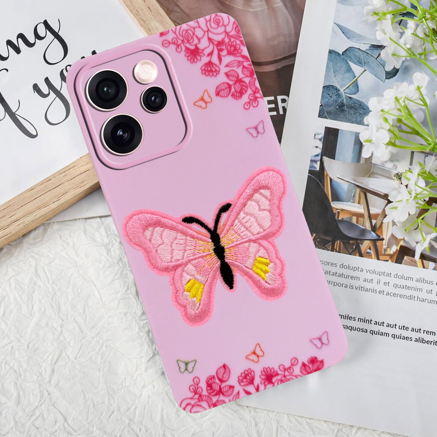 For Oppo Reno15 Pro Mini 5G | Oppo Reno 15 Pro Mini 5G Back Cover Case (Soft Butterfly Embroidery | Women Teen Girls | Camera Protection| Matte Silicone)