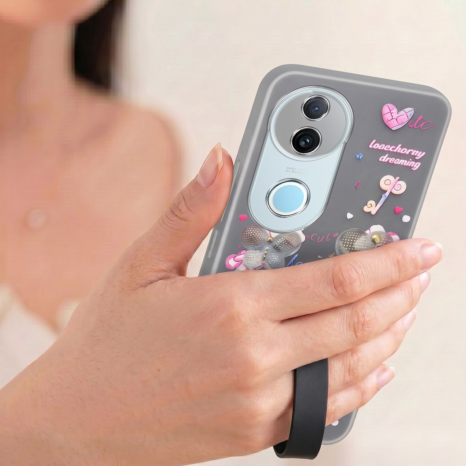 For Vivo iQOO Z10R Back Cover Case (3D Cute Heart Strap Holder | Camera Protection | Designer Girls Print)