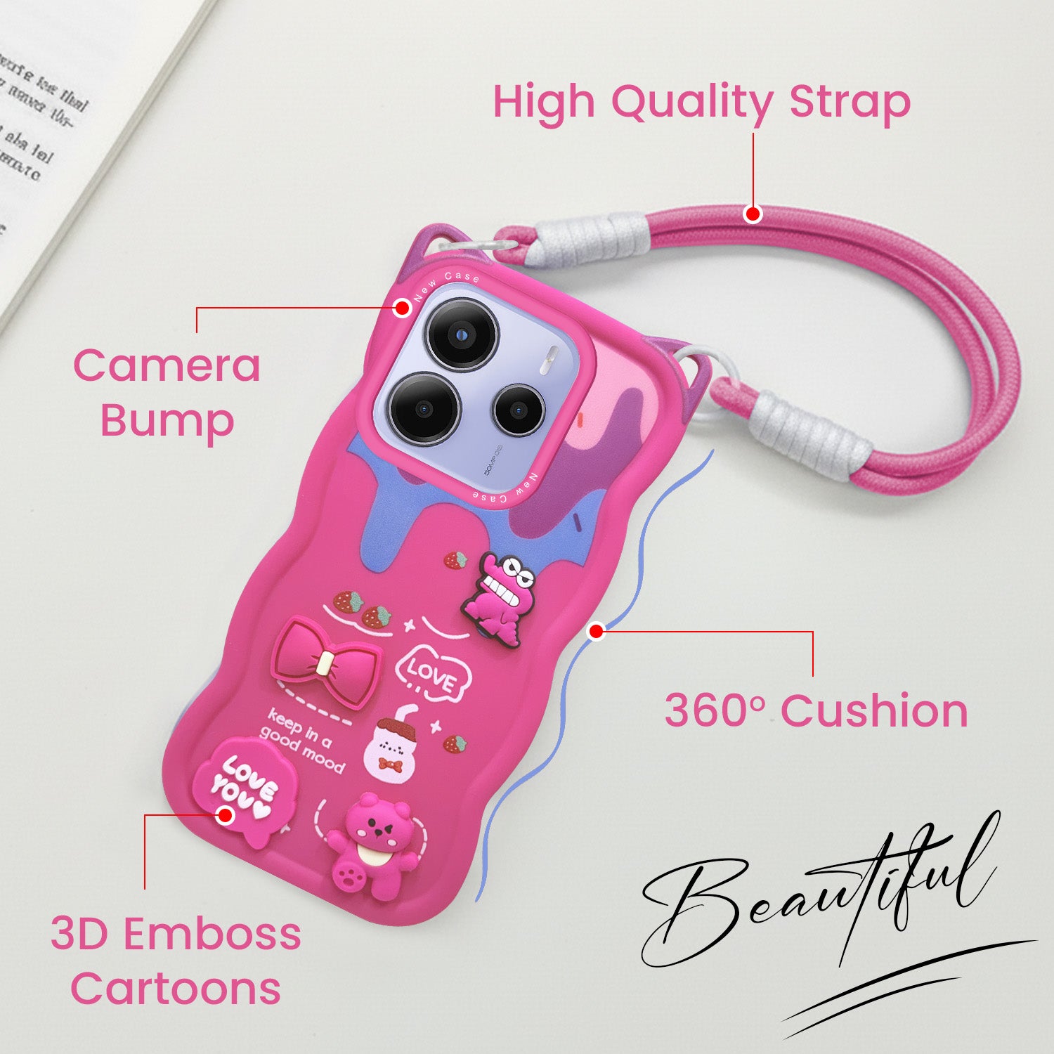 For Redmi Note 14 5G | Redmi Note 14 SE Back Case Cover Strap (3D embossed Figures | Strap Holder | 360* Soft Cushion with Camera Bump)