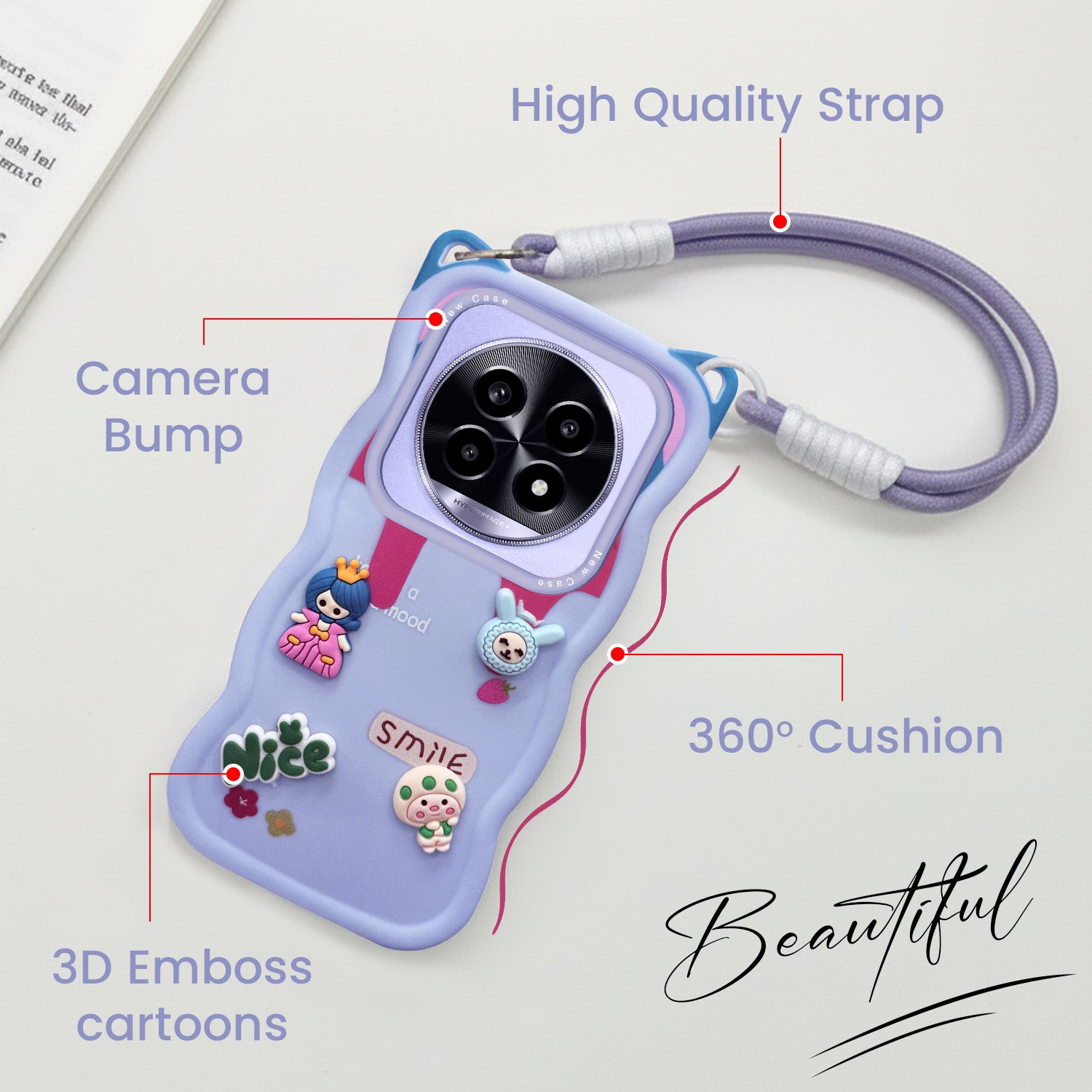For Realme 13 Pro | Realme 13 Pro Plus 5G Back Case Cover Strap(3D embossed Figures | Strap Holder | 360* Soft Cushion with Camera Bump)