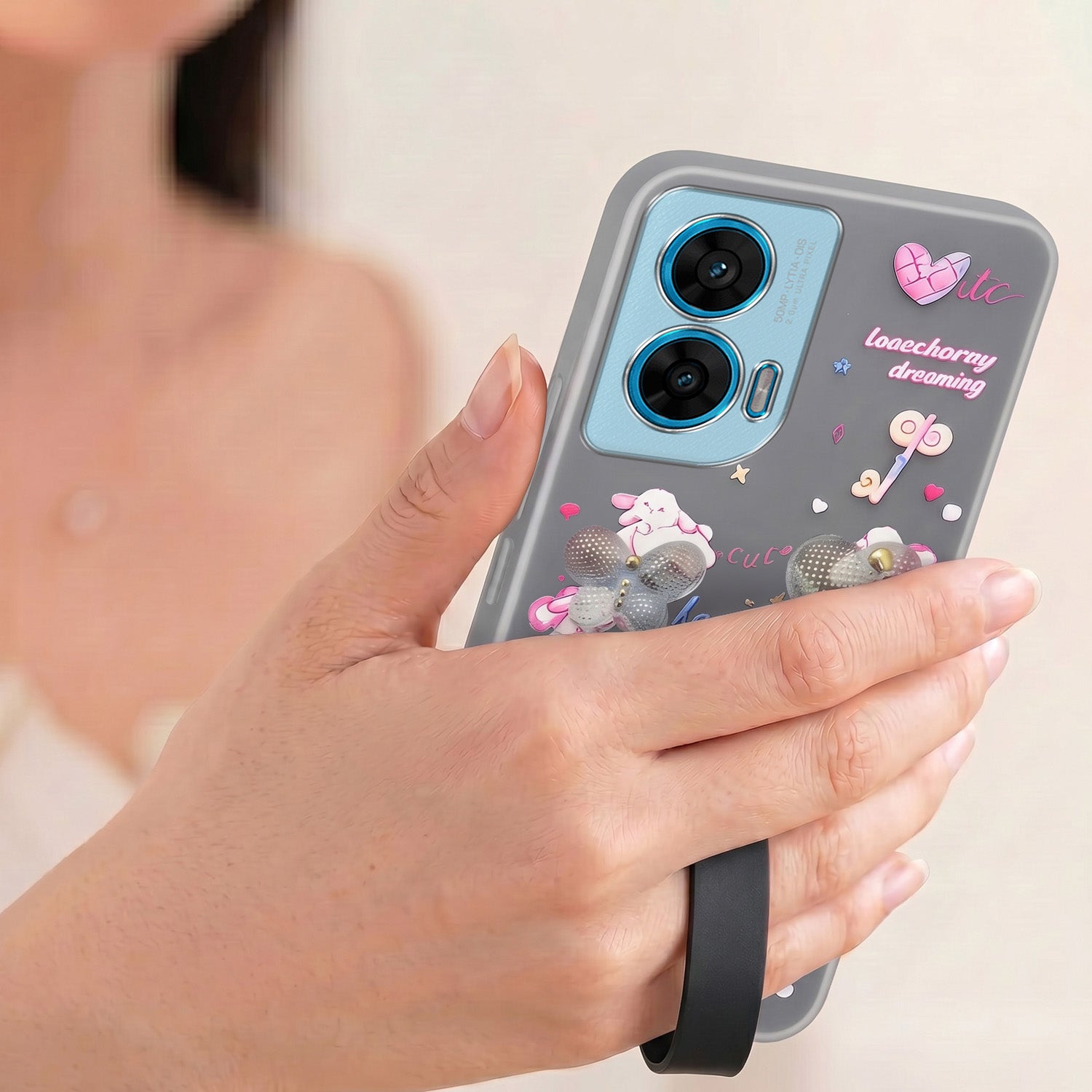For Motorola Moto G96 Back Cover Case (3D Cute Heart Strap Holder | Camera Protection | Designer Girls Print)
