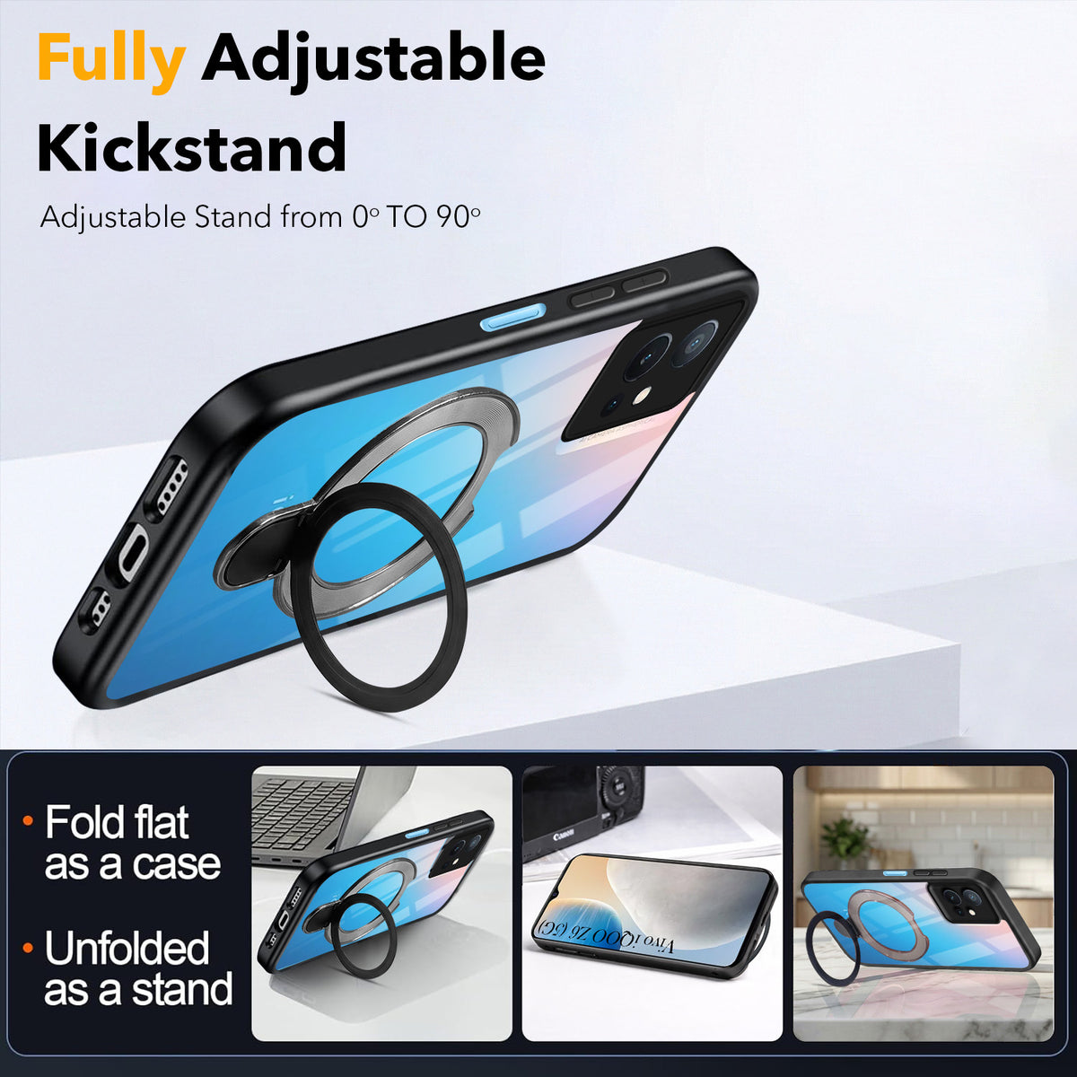 For Vivo iQOO Z6 5G Back Cover Case (Kick Stand Ring Holder | Life time Anti Yellow | Camera Protection)