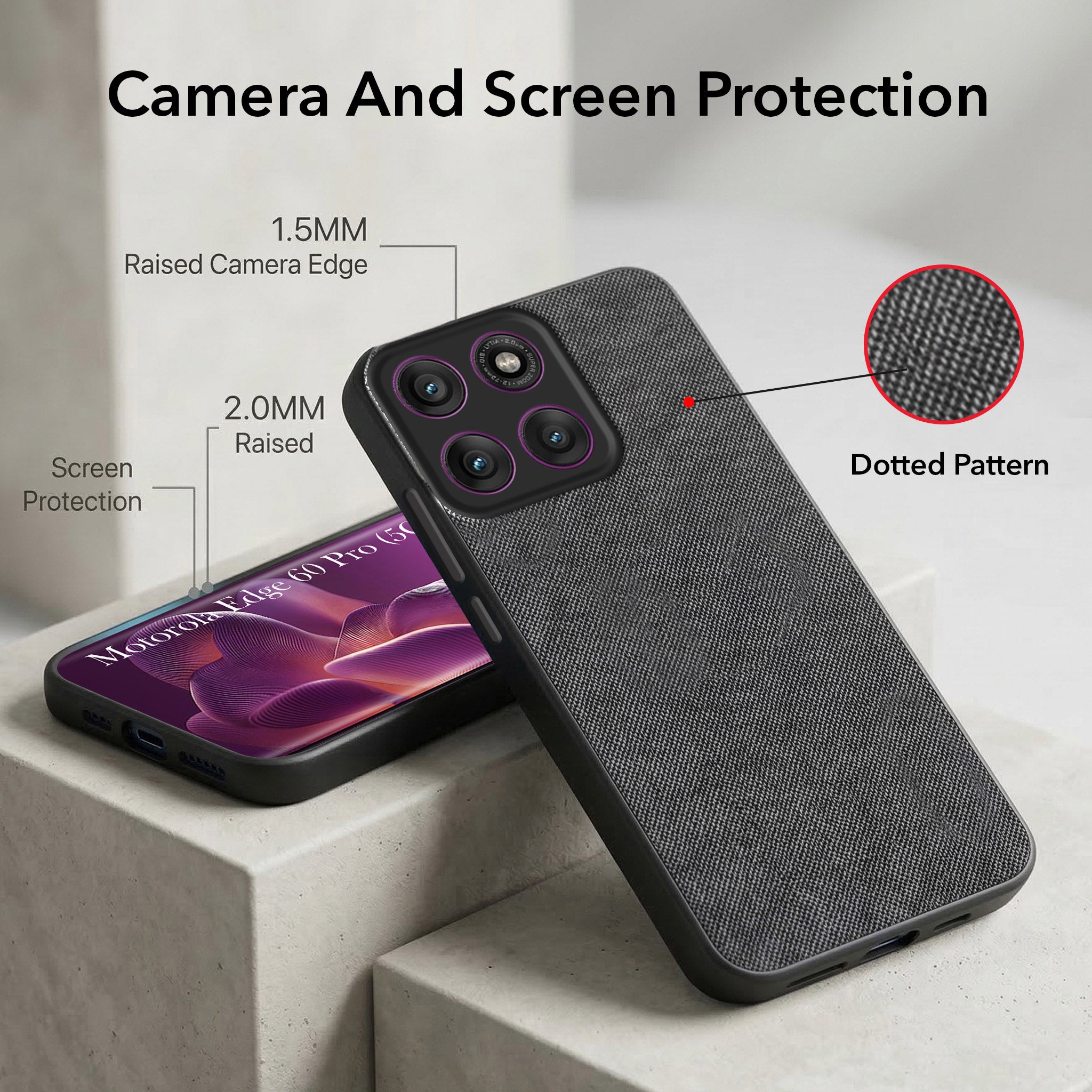 For Motorola Moto Edge 60 Pro Combo with Back Cover and 9H Tempered Glass (Textured Grip Design | Micro-Fiber Cloth Inside | Oleophobic Coating Screen Glass)