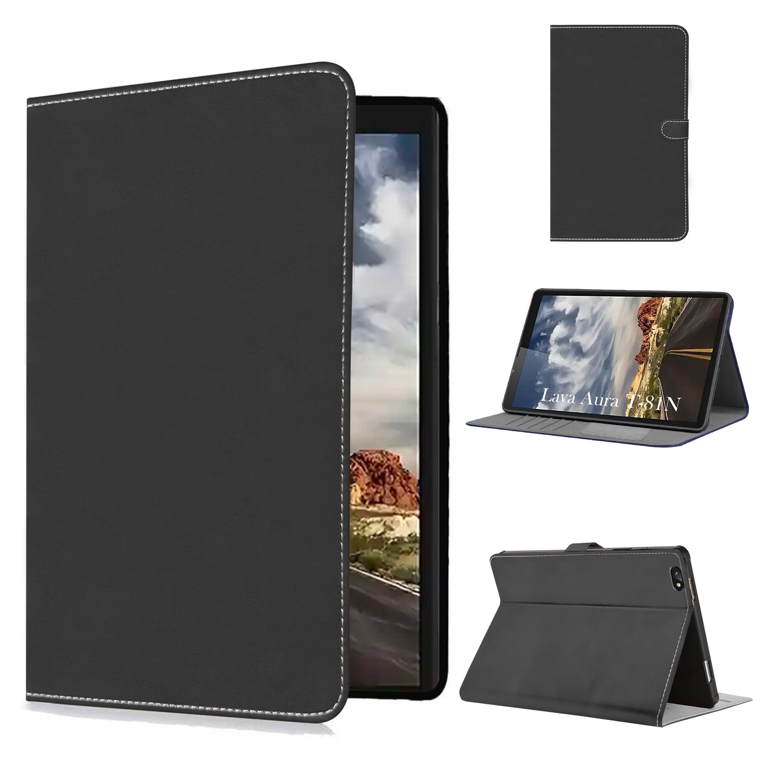 For Lava Aura T81N 8 Inch Flip Cover Folio Case (PU Matte Leather | Multi-Angle Smart Stand | Card Storage Slots | Silicone Back Pouch)
