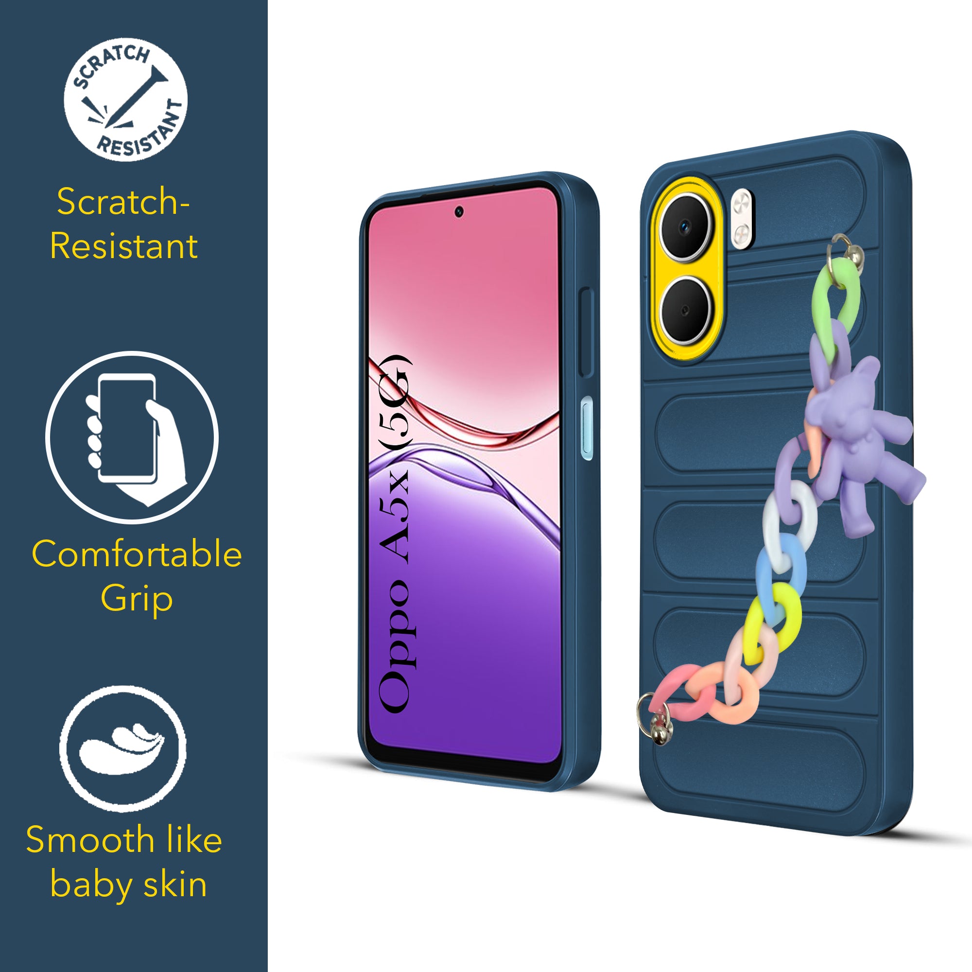 For Oppo A5X Back Cover Case (Wrist Hanging Chain | Teddy Bracelet Charms | Matte Liquid Silicone | Camera Protection Ring)