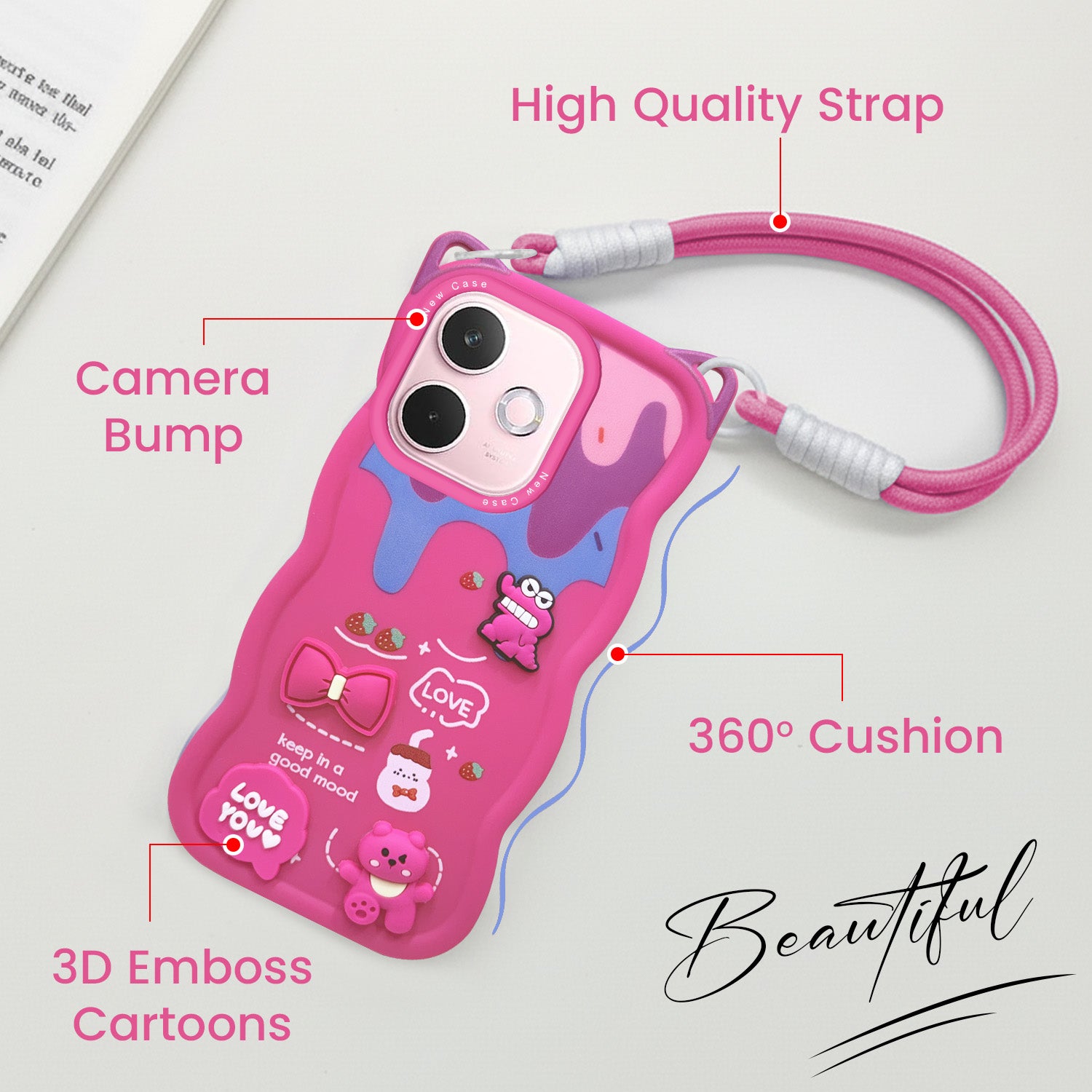 For Oppo A5 Pro Back Case Cover Strap(3D embossed Figures | Strap Holder | 360* Soft Cushion with Camera Bump)
