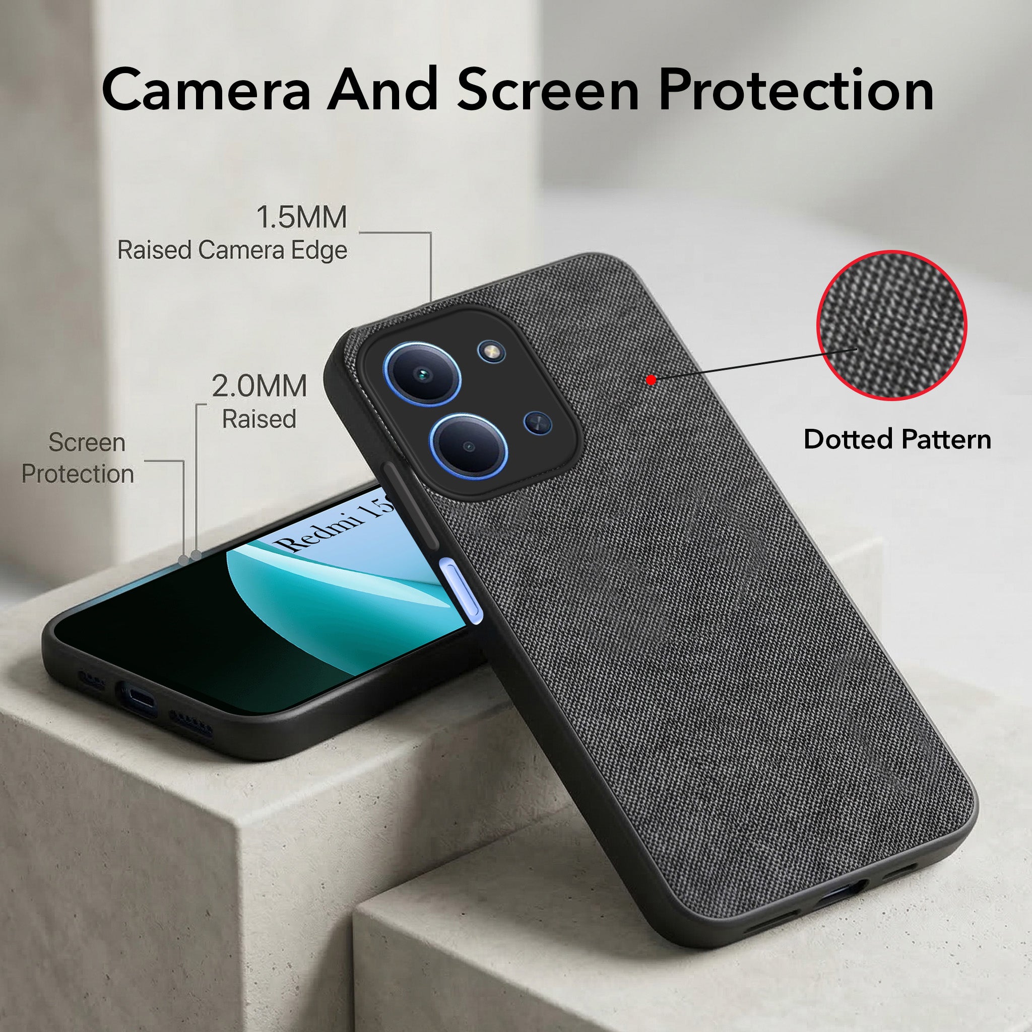 For Redmi 15C Combo with Back Cover and 9H Tempered Glass (Textured Grip Design | Micro-Fiber Cloth Inside | Oleophobic Coating Screen Glass)
