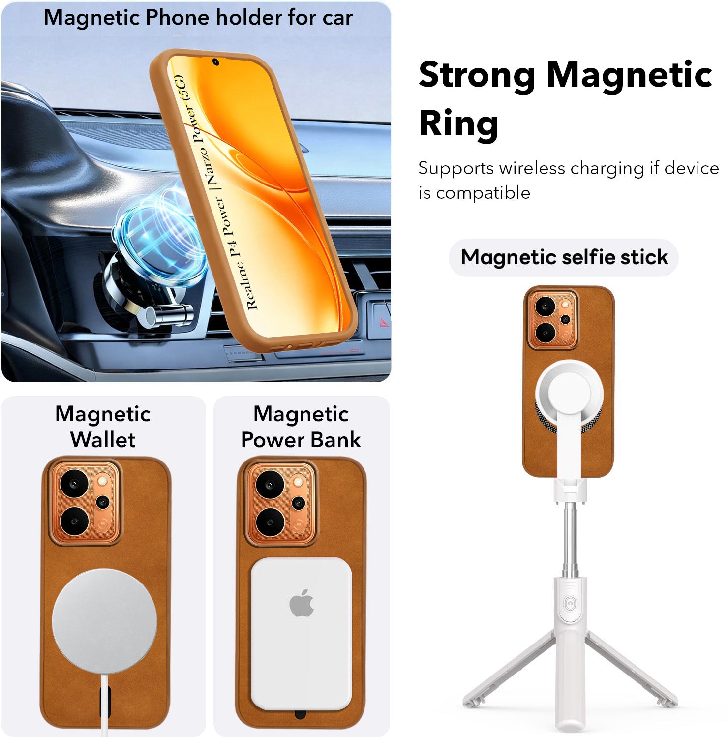For Realme P4 Power 5G | Realme Narzo Power Back Cover Case Leather Finish (MagSafe Compatible Wireless Charging | Soft Touch | Camera Bump Protection)