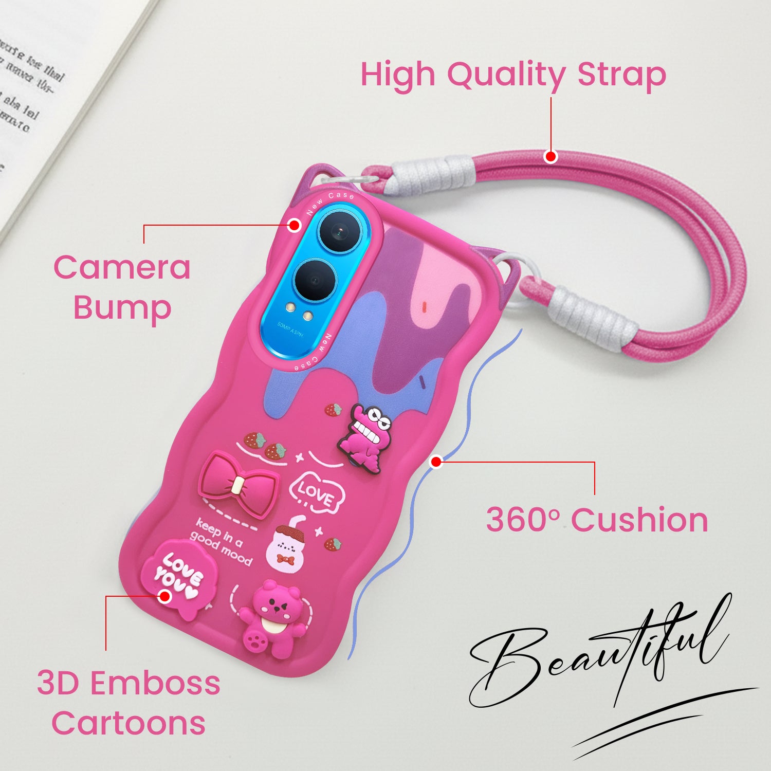 For OnePlus Nord CE 4 Lite Back Case Cover Strap (3D embossed Figures | Strap Holder | 360* Soft Cushion with Camera Bump)