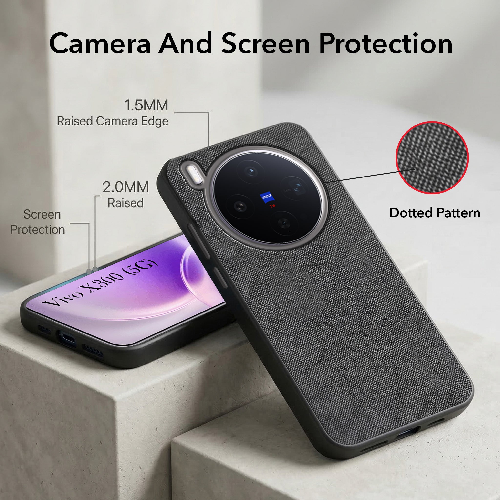 For Vivo X300 5G Combo with Back Cover and 9H Tempered Glass (Textured Grip Design | Micro-Fiber Cloth Inside | Oleophobic Coating Screen Glass)