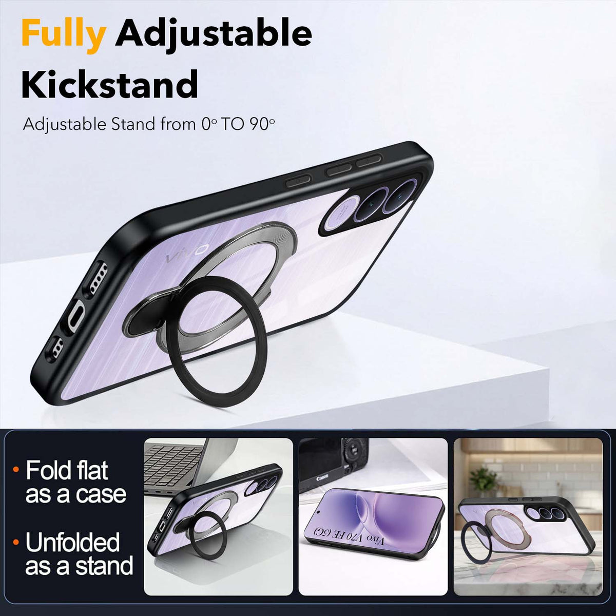 For Vivo V70 FE 5G Back Cover Case (Kick Stand Ring Holder | Life time Anti Yellow | Camera Protection)