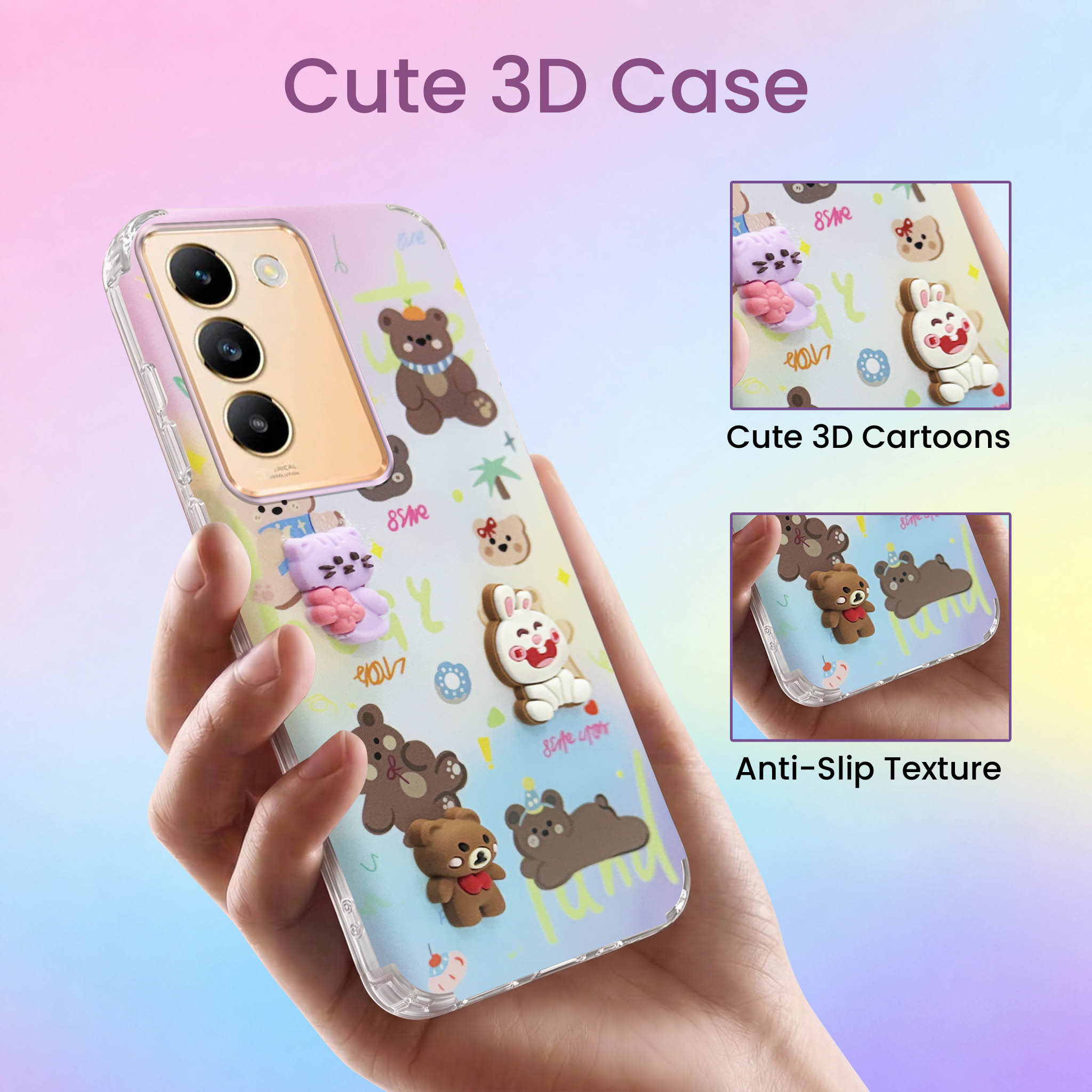 For Vivo Y200e Back Cover Case (3D Cute Cartoons | Hard Back Side Soft | Matte Premium Finish | HD Printing)