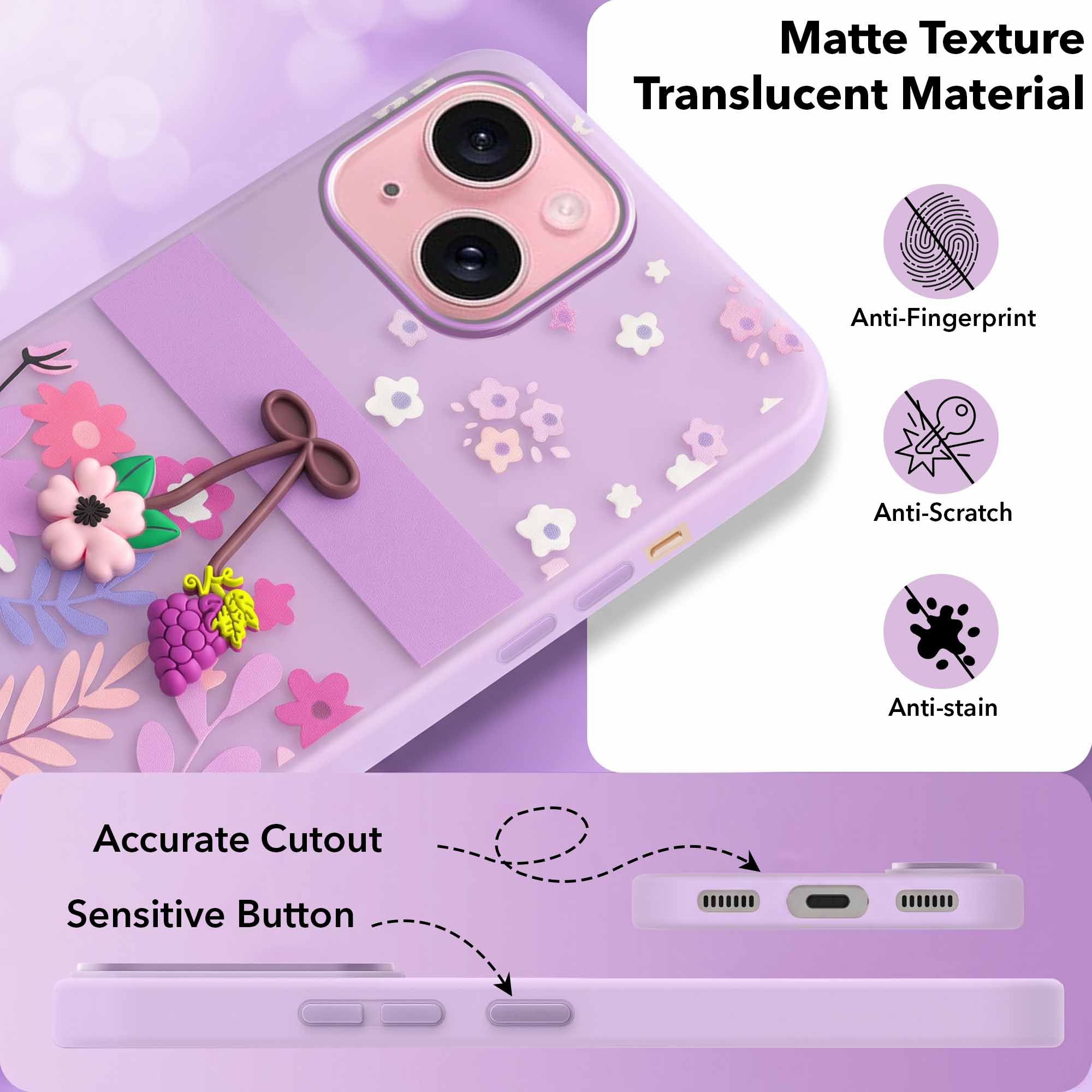 For Apple iPhone 15 Back Cover Case (3D Cute Cartoons | Hard Back Side Soft | Matte Premium Finish | HD Printing)