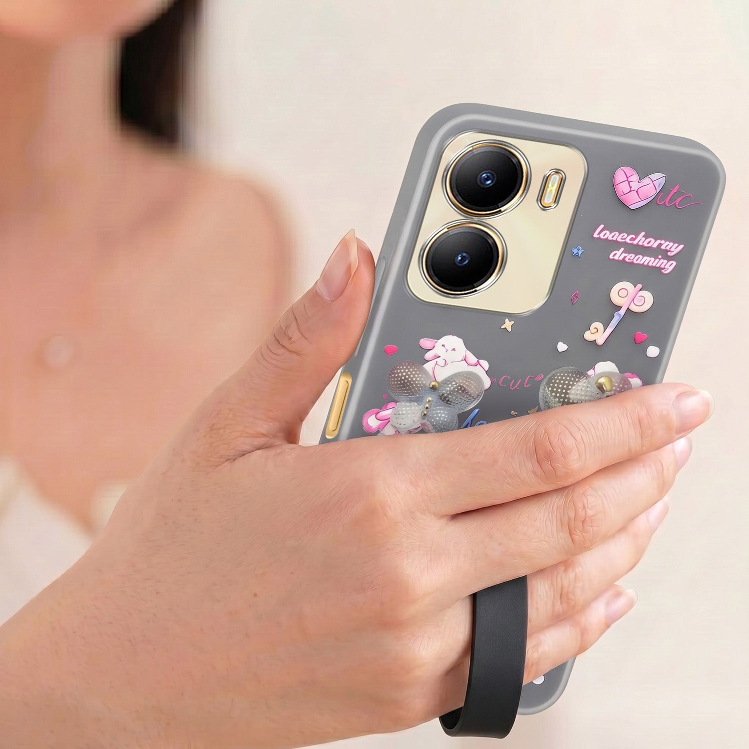 For Vivo Y56 5G Back Cover Case (3D Cute Heart Strap Holder | Camera Protection | Designer Girls Print)