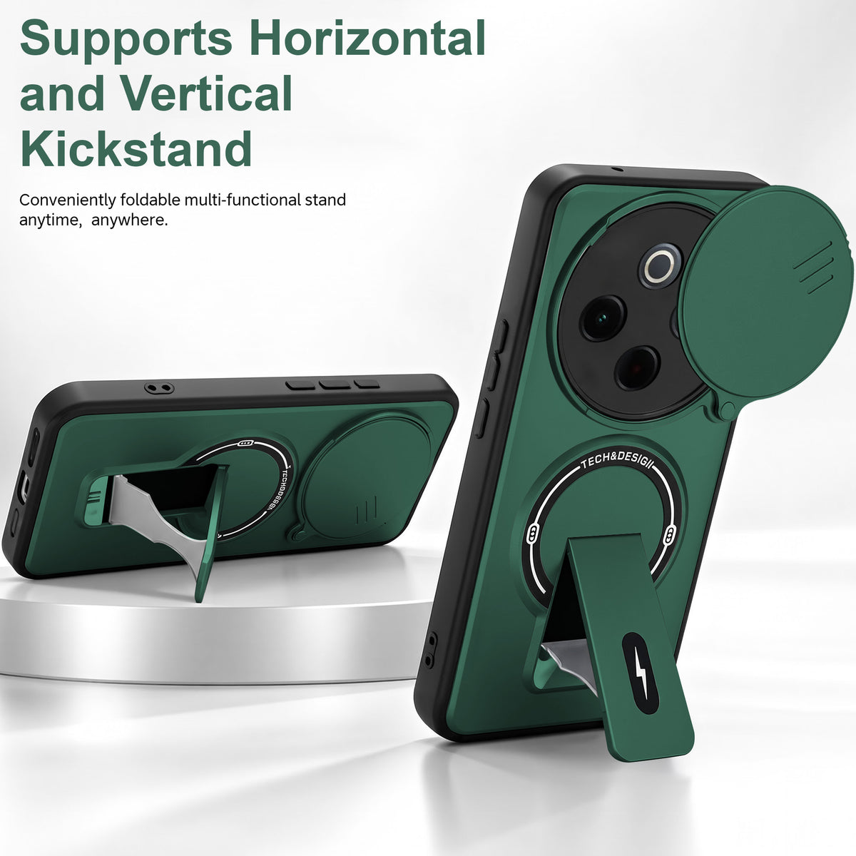 For Vivo T4 Back Case Cover Metallic (Hybrid Armor Kickstand | Sliding Shutter Camera Protection | MagSafe Compatible)