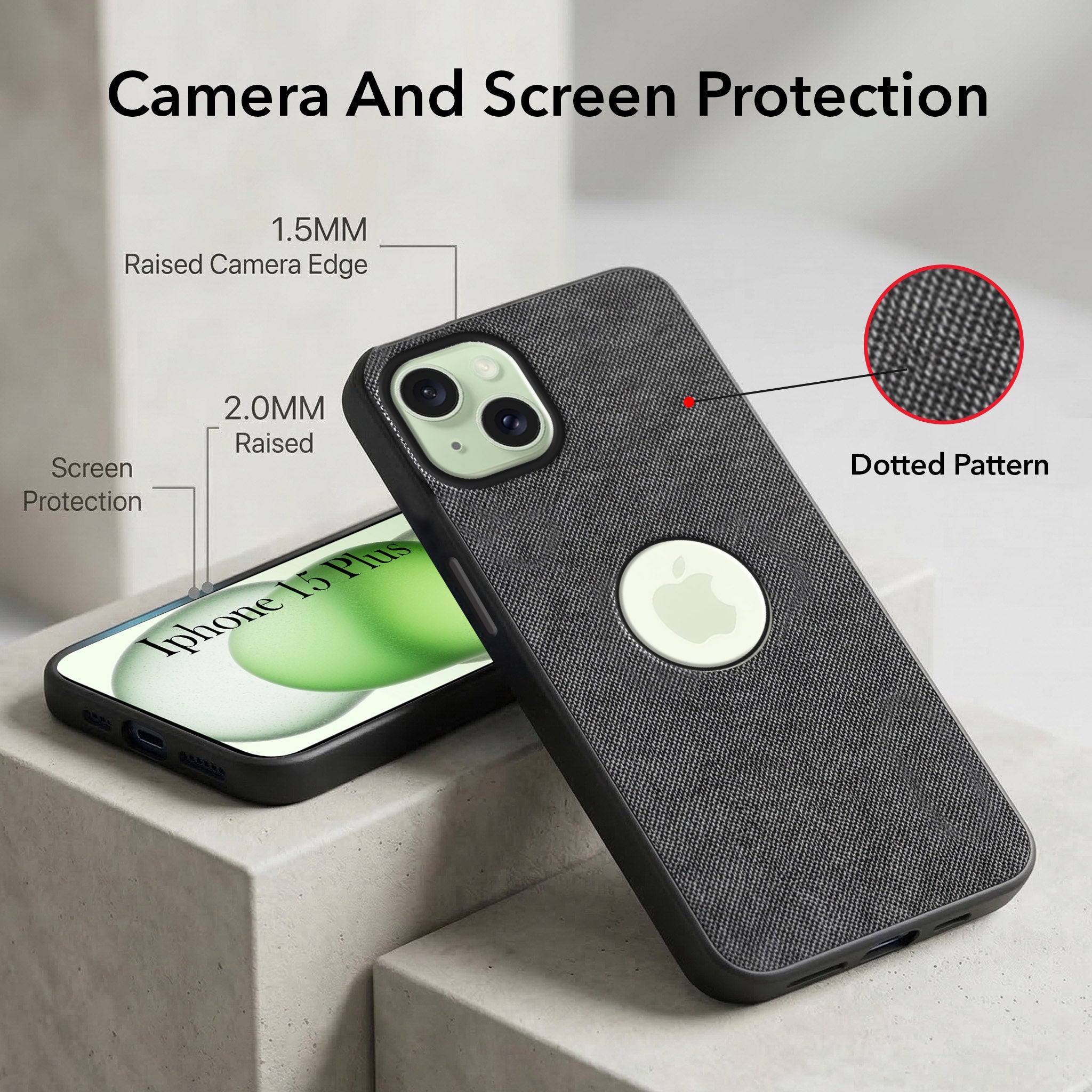 For Apple iPhone 15 Plus Combo with Back Cover and 9H Tempered Glass (Textured Grip Design | Micro-Fiber Cloth Inside | Oleophobic Coating Screen Glass)