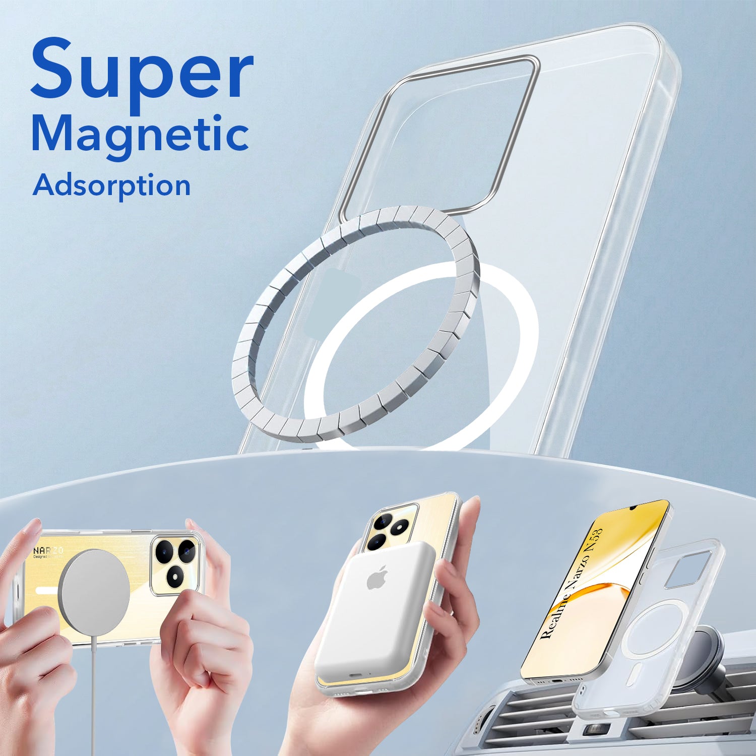 For Realme Narzo N53 Back Cover Case Lifetime Anti-Yellow MagSafe Compatible Clear (Sleek Hard Crystal | Shockproof and Camera Protection)