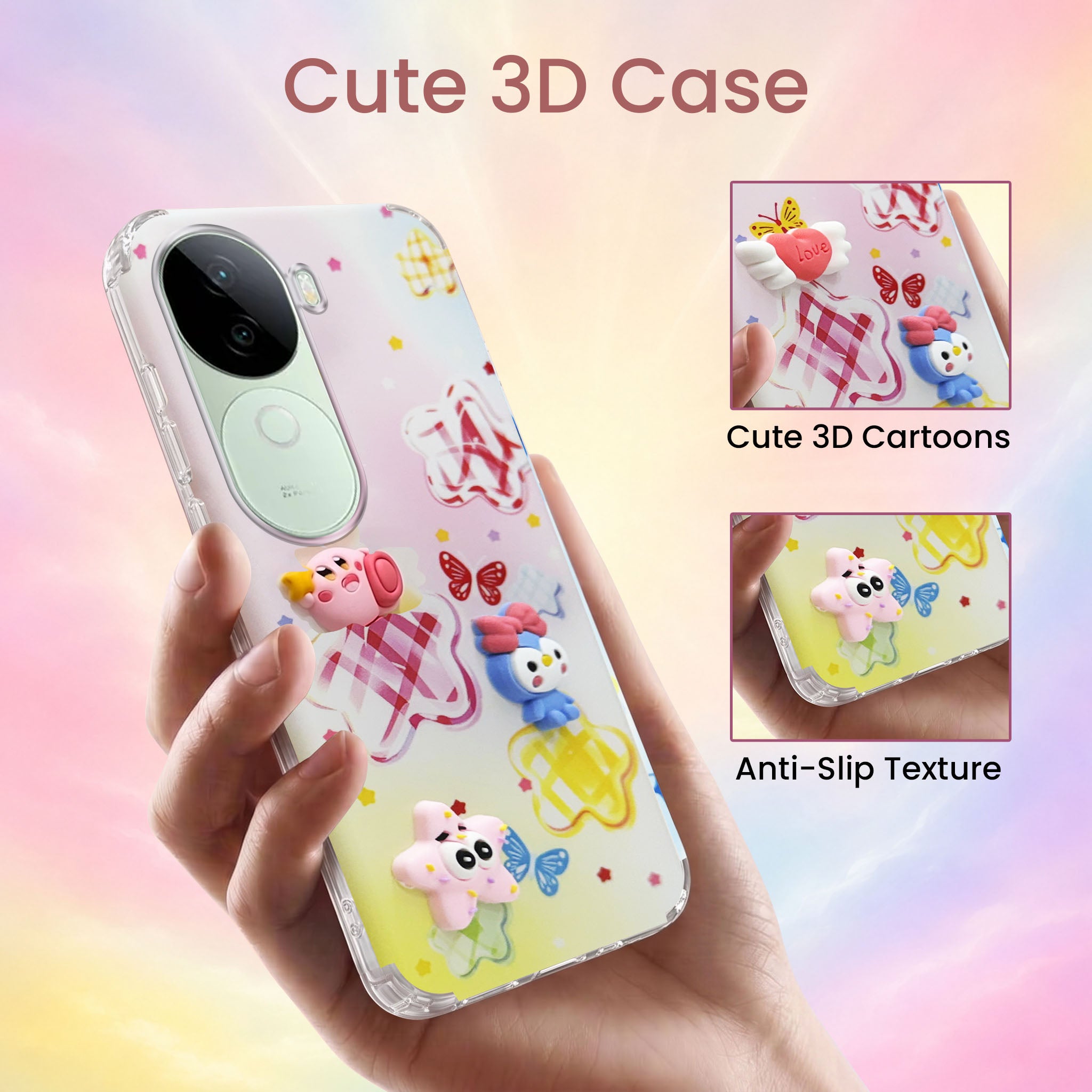For Vivo V40e Back Cover Case (3D Cute Cartoons | Hard Back Side Soft | Matte Premium Finish | HD Printing)