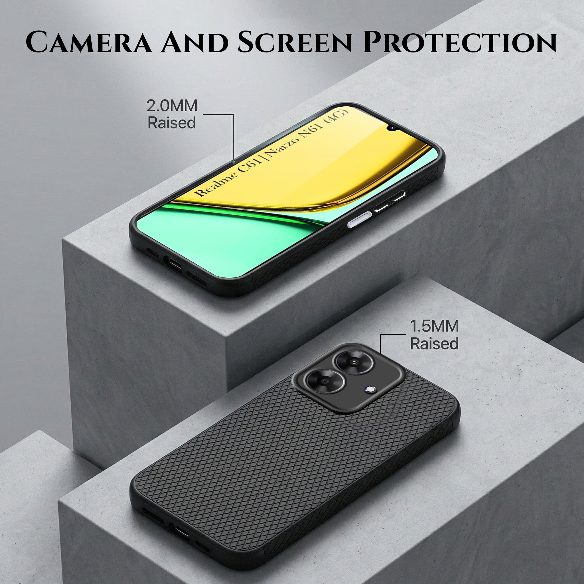 For Realme C61 | Realme Narzo N61 Combo with Back Cover and 9H Tempered Glass (Liquid Silicone | Camera Protection | Oleophobic Coating Screen Glass)