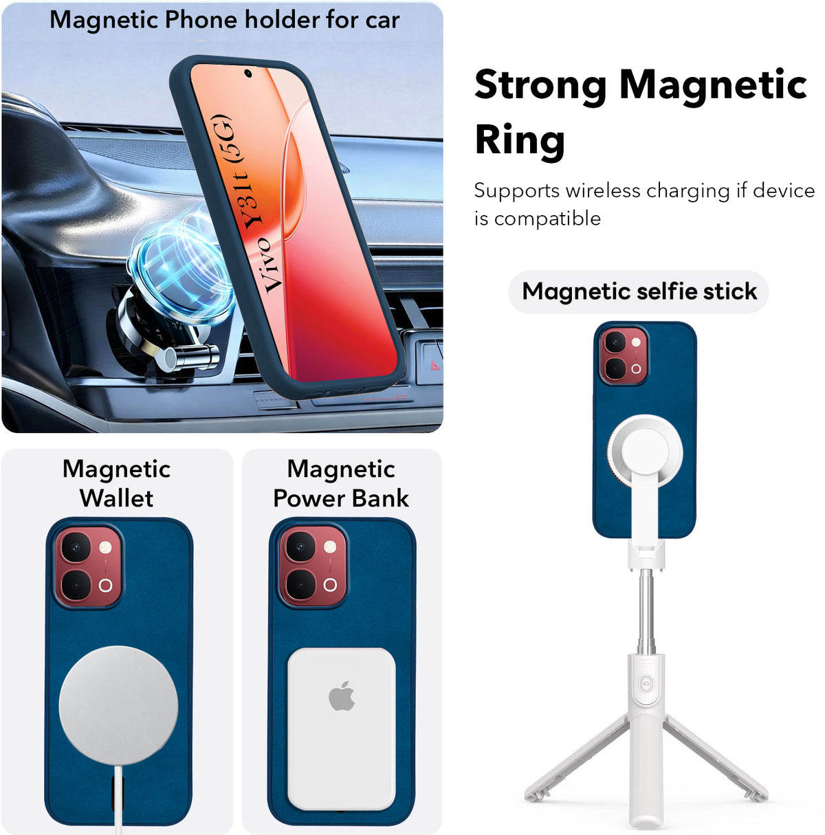 For Vivo Y31T 5G Back Cover Case Leather Finish (MagSafe Compatible Wireless Charging | Soft Touch | Camera Bump Protection)