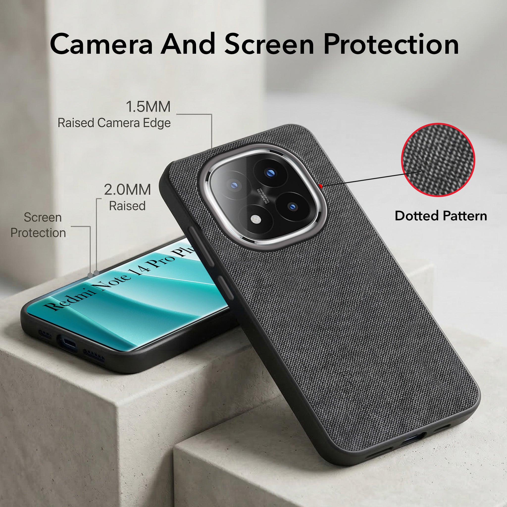 For Redmi Note 14 Pro Plus Combo with Back Cover and 9H Tempered Glass (Textured Grip Design | Micro-Fiber Cloth Inside | Oleophobic Coating Screen Glass)