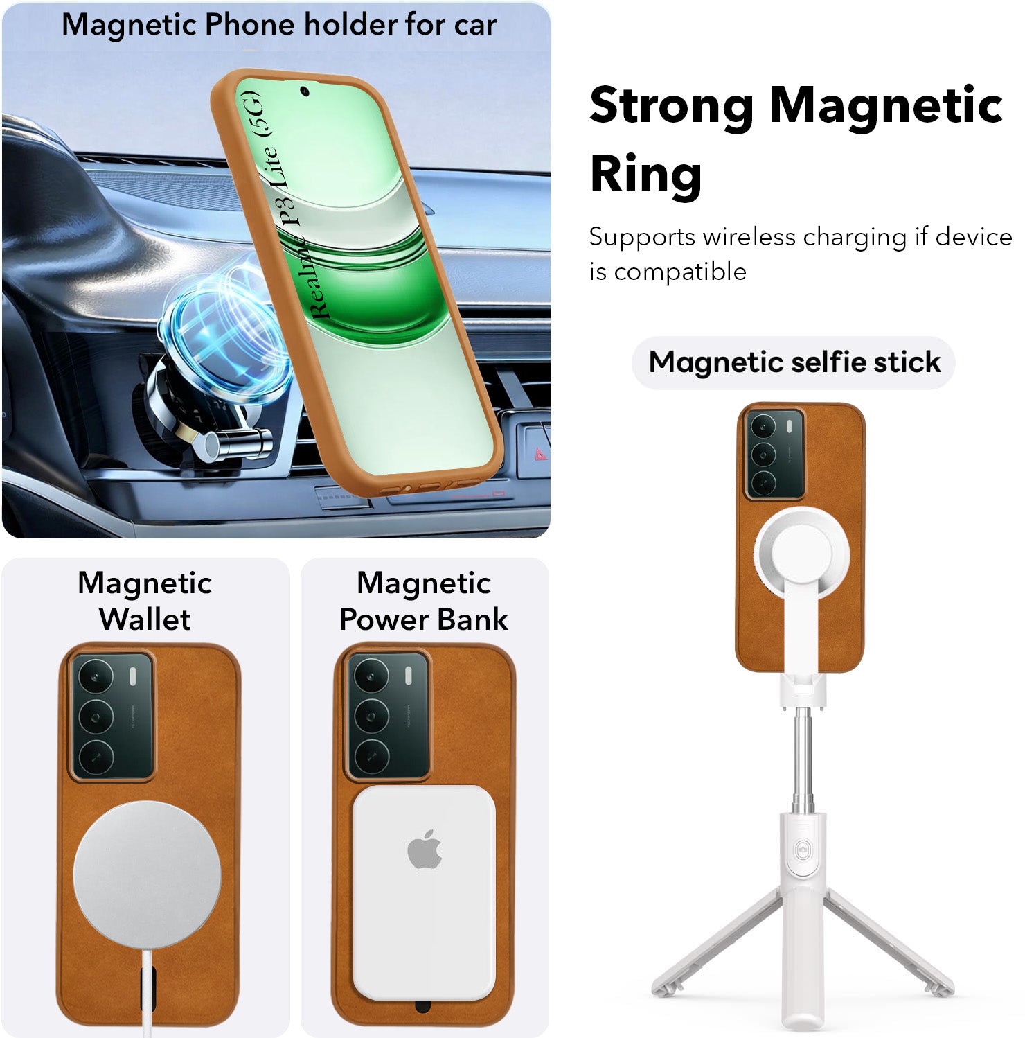 For Realme P3 lite Back Cover Case Leather Finish (MagSafe Compatible Wireless Charging | Soft Touch | Camera Bump Protection)