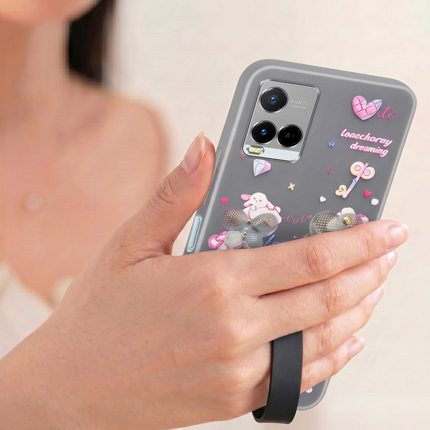 For Vivo Y21e | Vivo Y21A | Vivo Y32 Back Cover Case (3D Cute Heart Strap Holder | Camera Protection | Designer Girls Print)