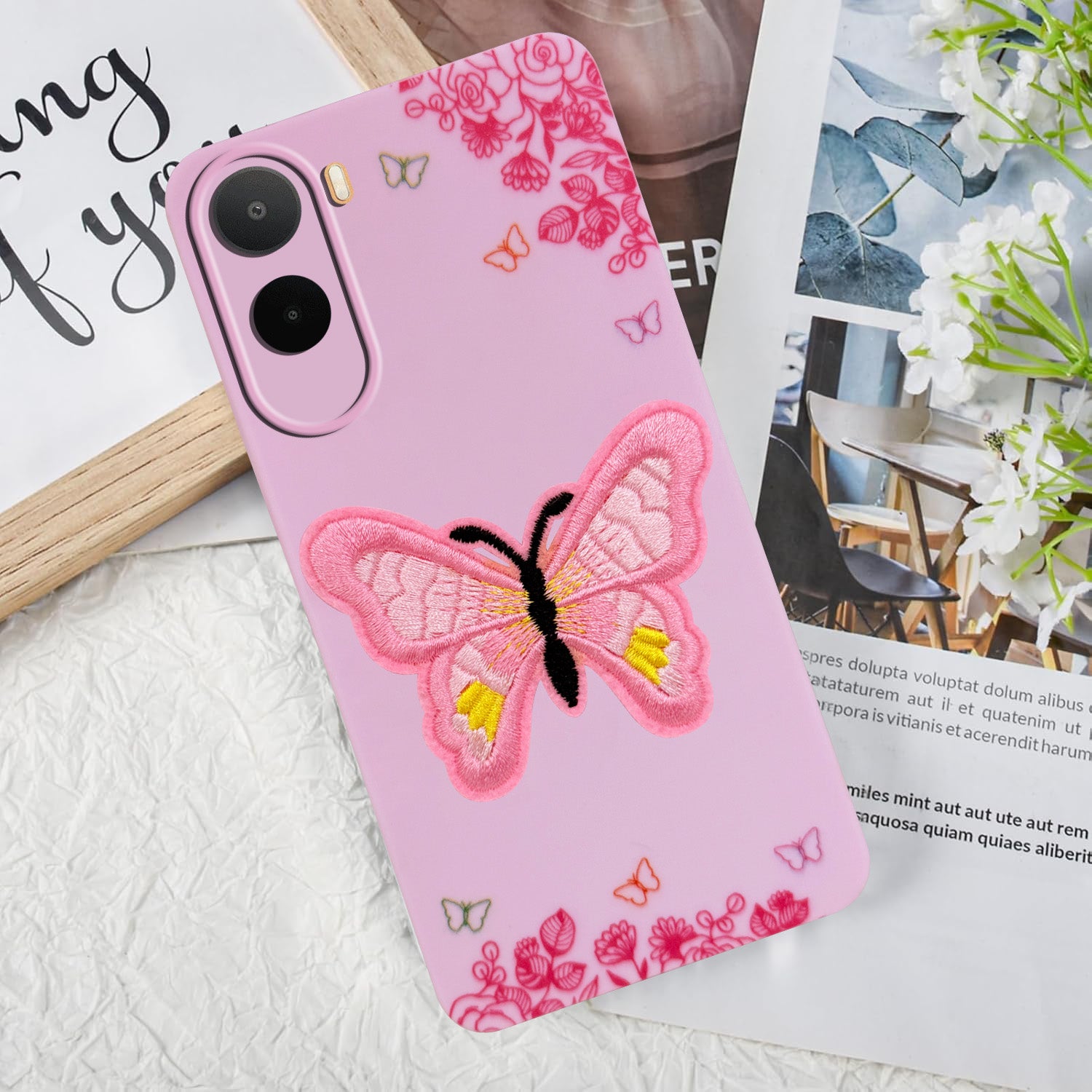 For Redmi A7 Pro 5G Back Cover Case (Soft Butterfly Embroidery | Women Teen Girls | Camera Protection| Matte Silicone)