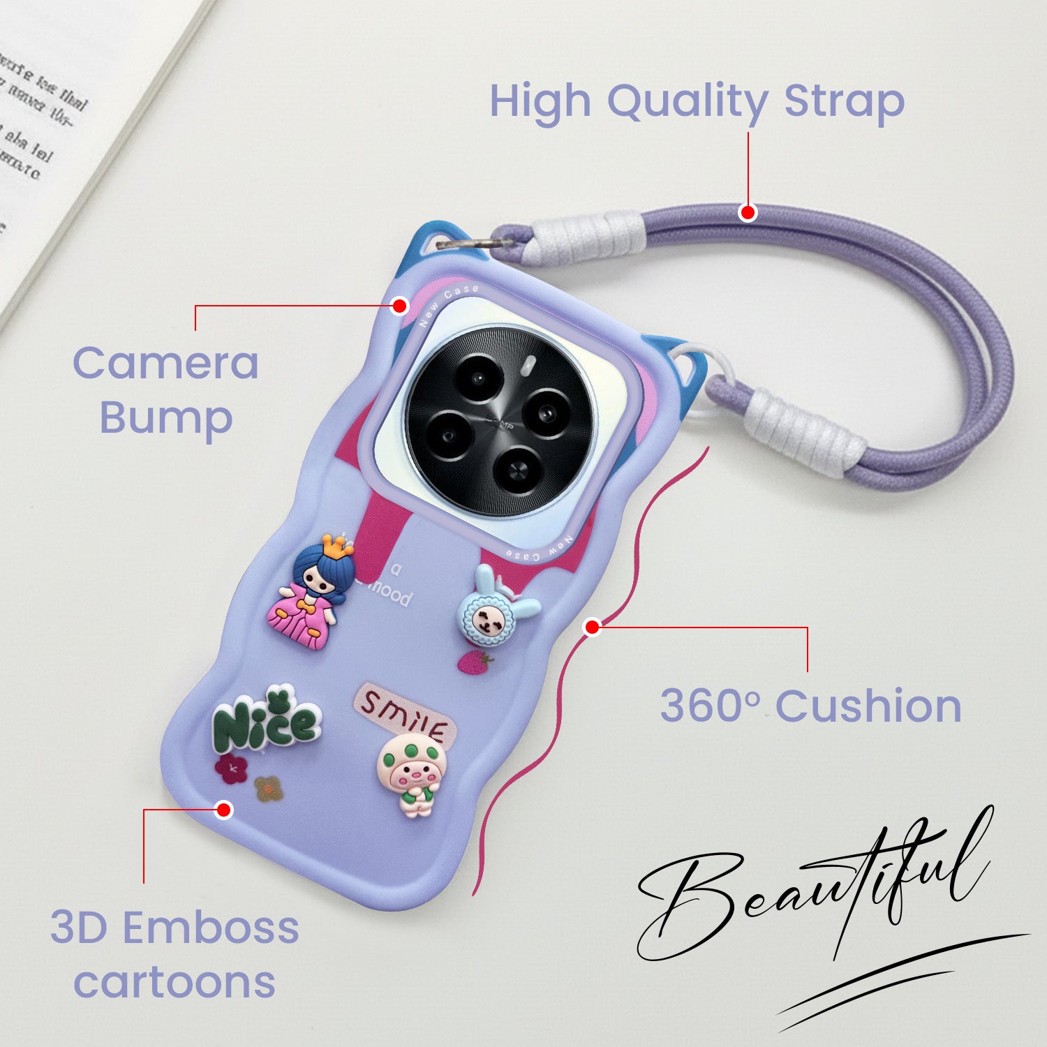 For Realme Narzo 70 5G Back Case Cover Strap (3D Embossed Figures | Strap Holder | 360* Soft Cushion with Camera Bump)