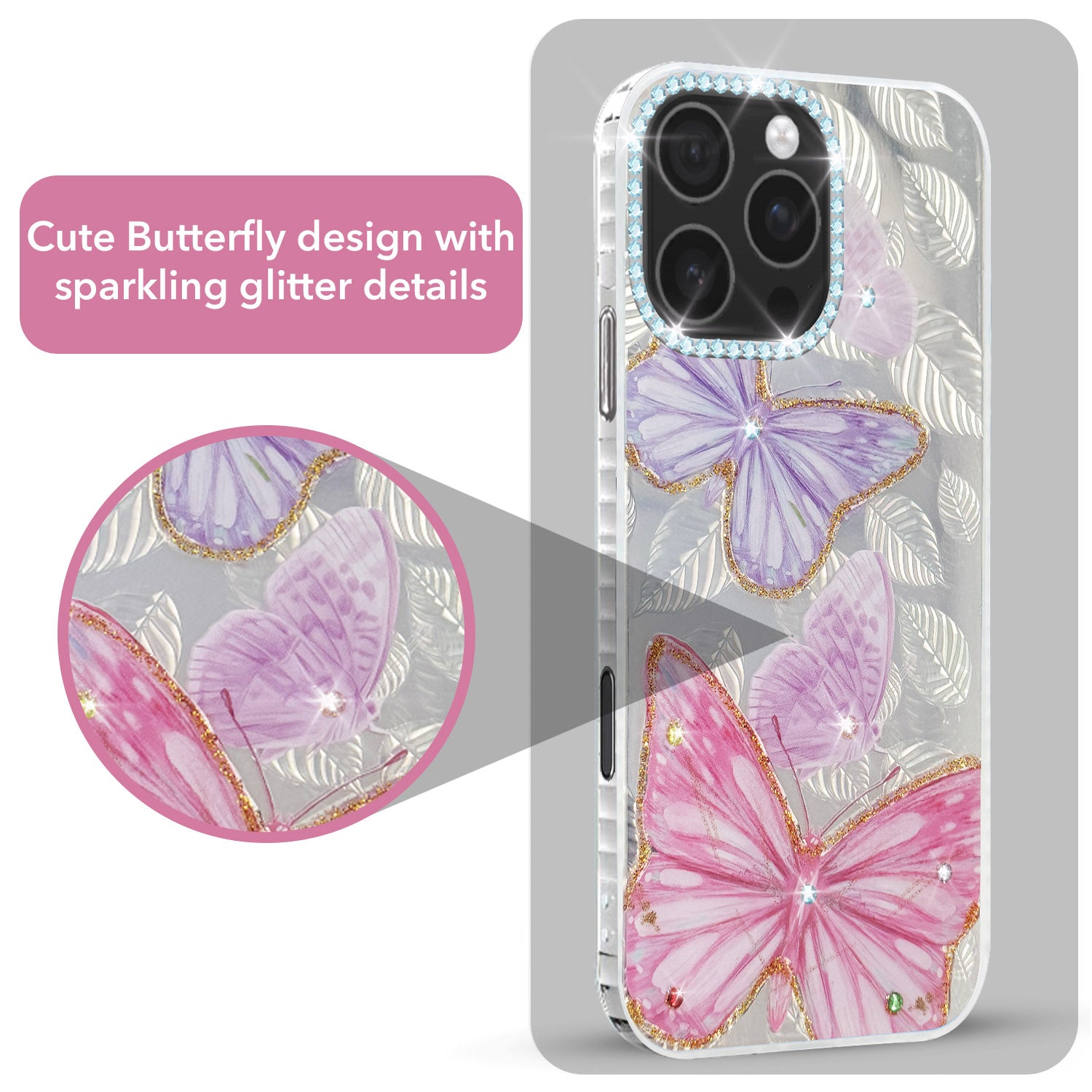 For iPhone 16 Pro Max Back Cover Case (Luxury Floral Glitter Cute Butterfly | Diamond Studded Camera Bump | Girls & Women Design)