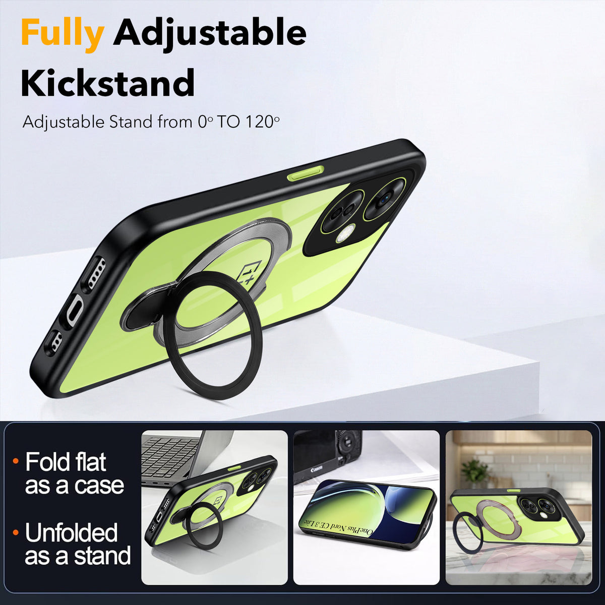 For OnePlus Nord CE 3 Lite Back Cover Case (Kick Stand Ring Holder | Life time Anti Yellow | Camera Protection)