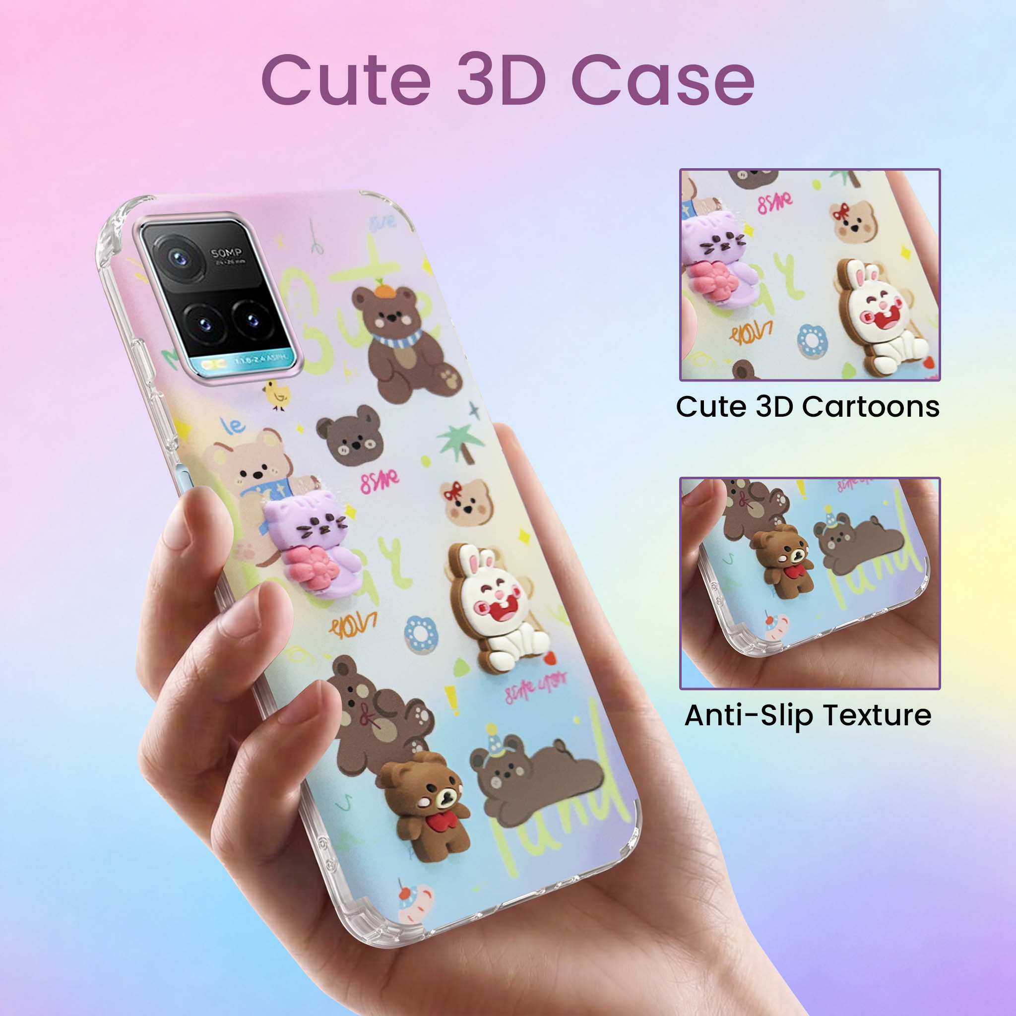 For Vivo Y33s Back Cover Case (3D Cute Cartoons | Hard Back Side Soft | Matte Premium Finish | HD Printing)