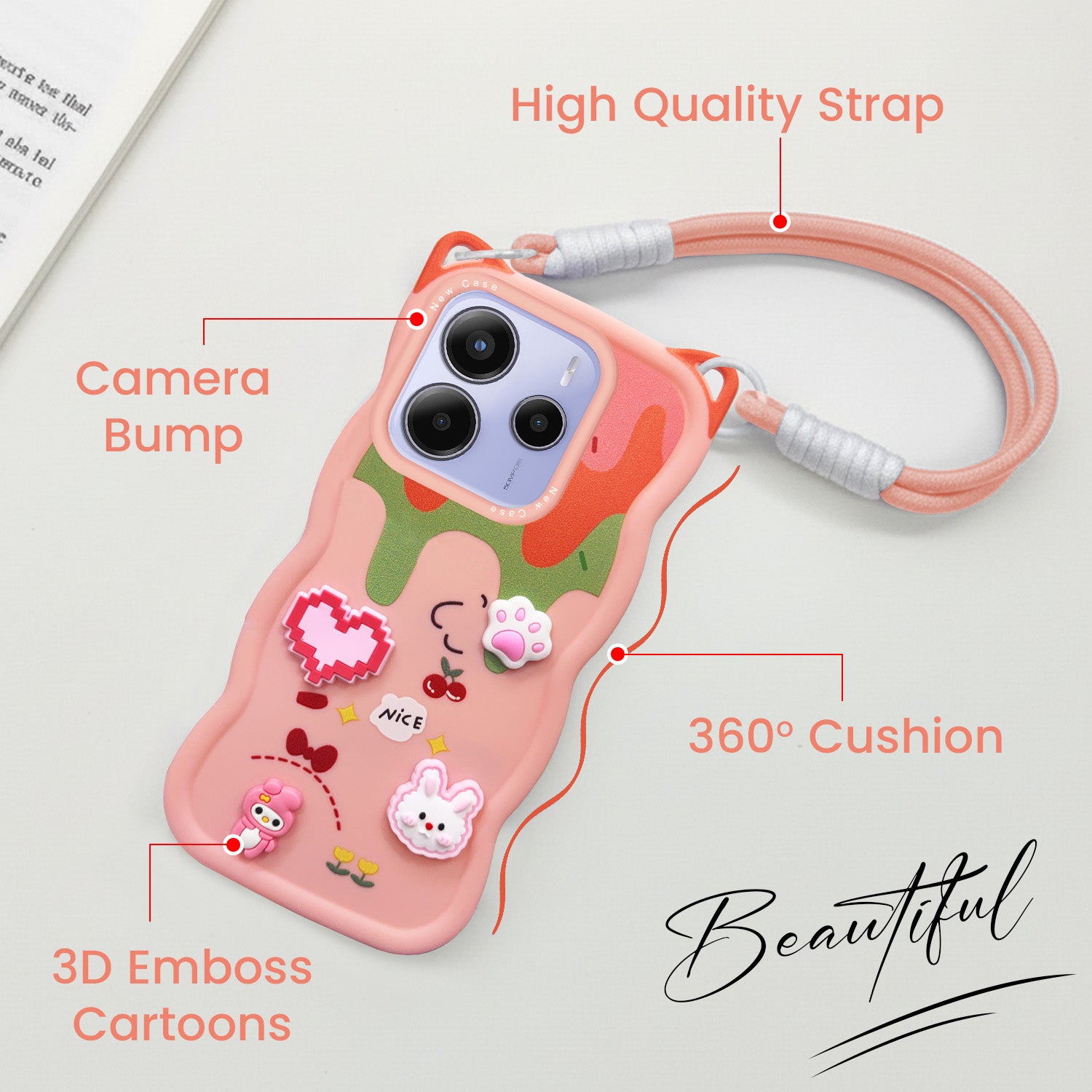 For Redmi Note 14 5G | Redmi Note 14 SE Back Case Cover Strap (3D embossed Figures | Strap Holder | 360* Soft Cushion with Camera Bump)