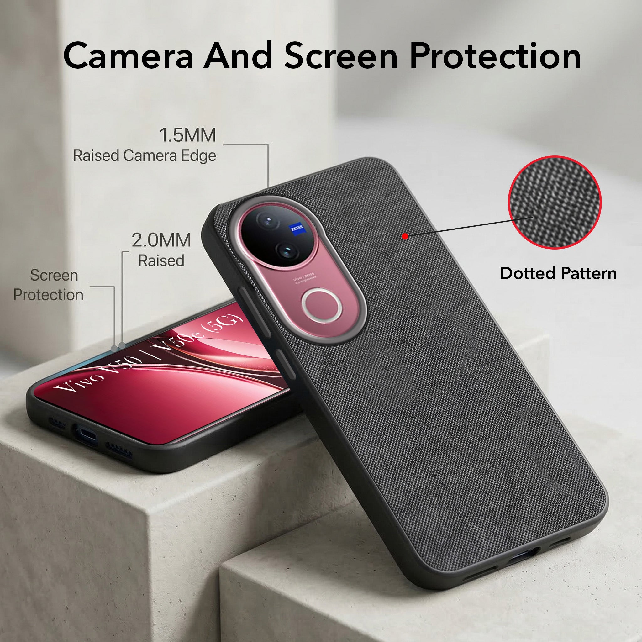 For Vivo V50 | Vivo V50e Combo with Back Cover and 9H Tempered Glass (Textured Grip Design | Micro-Fiber Cloth Inside | Oleophobic Coating Screen Glass)